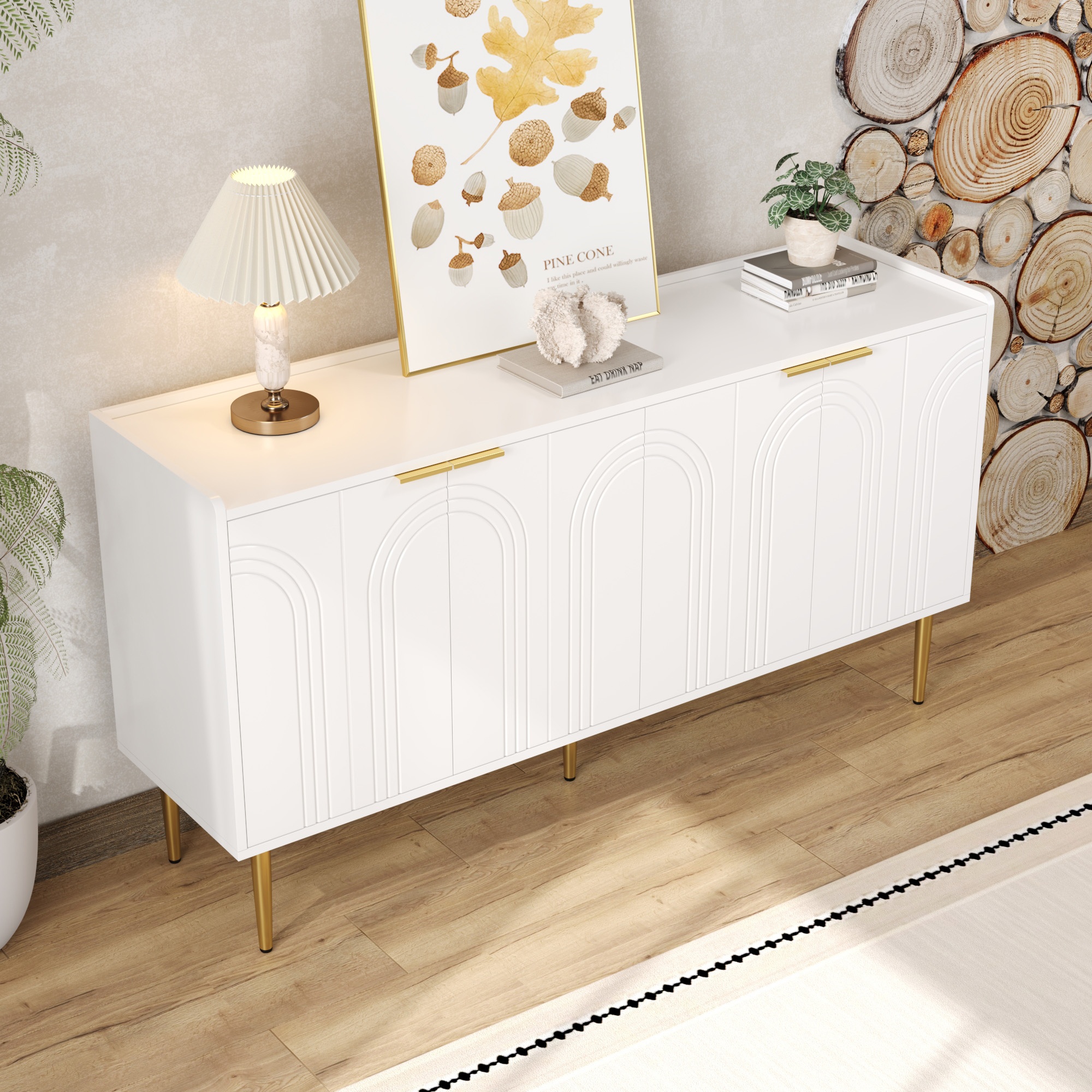 Buffet Blanc Panneau composite de fibres de bois à densité, Meuble de Rangement à 4 Portes Galbées avec Étagères Réglables et Pieds en Fer Dorés, 140x38x75 cm