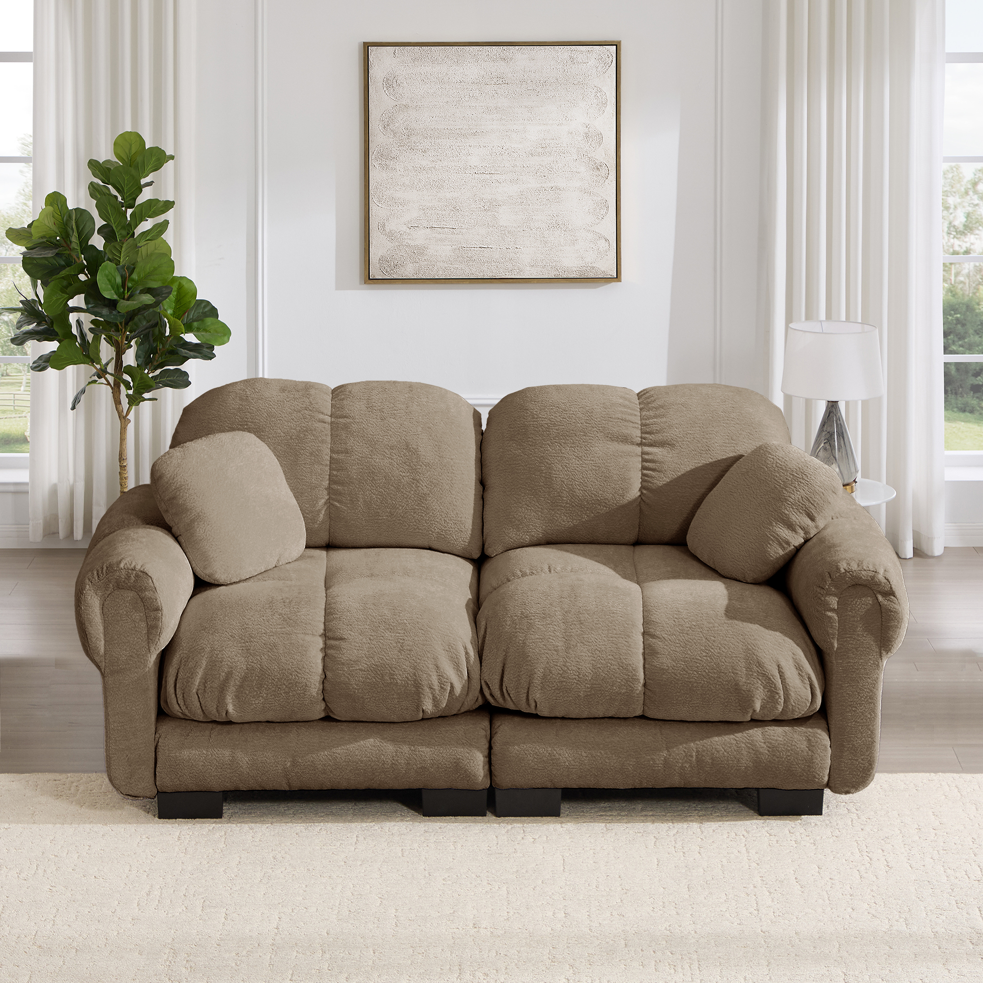 Canapé Modulable 2 Places en Tissu Chenille Marron, Design Élégant avec Coussins Rembourrés Ergonomiques pour Salon Contemporain