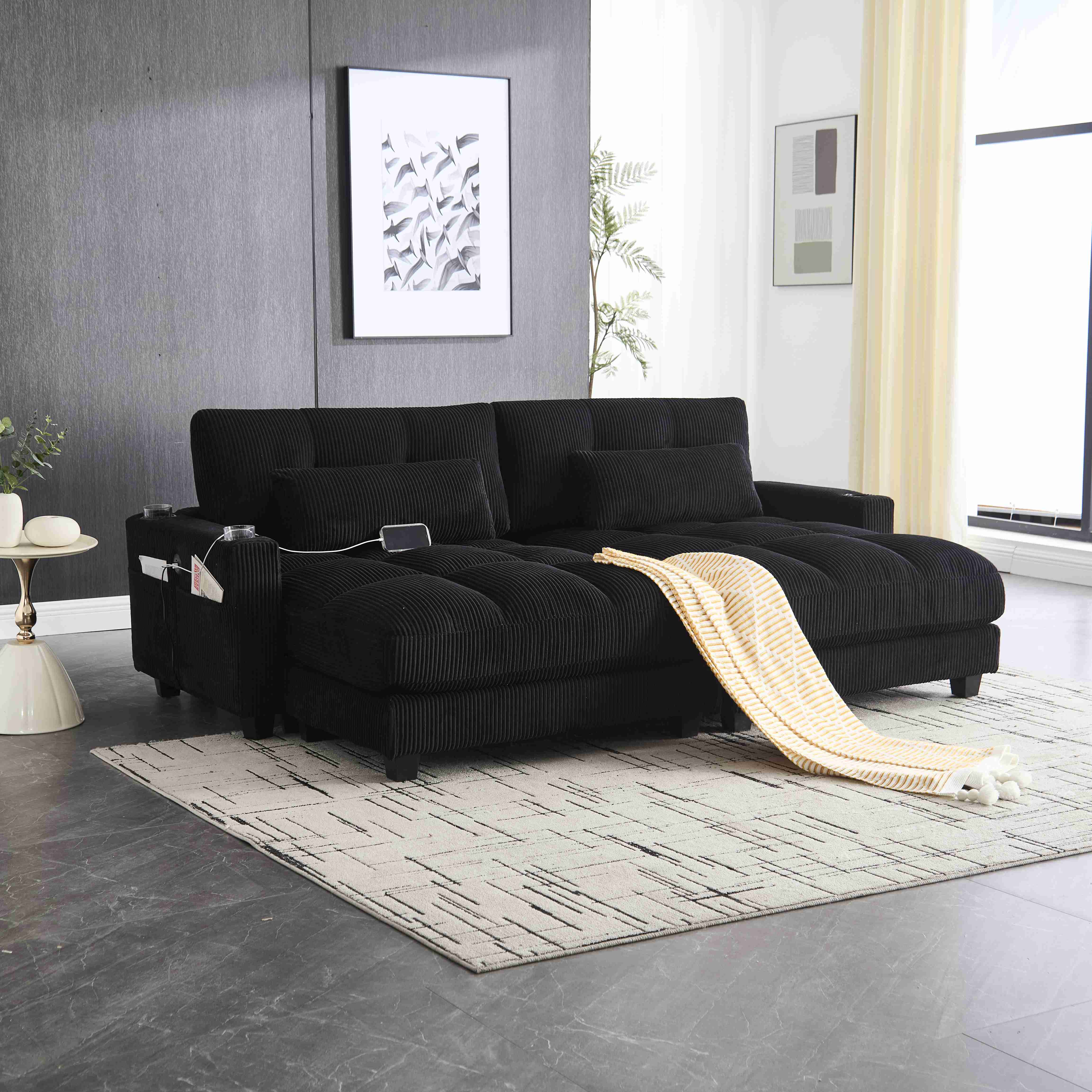 Canapé 2 places noir en corduroy, modulable en deux fauteuils, avec 4 porte-gobelets, 4 poches latérales et ports USB sur les accoudoirs