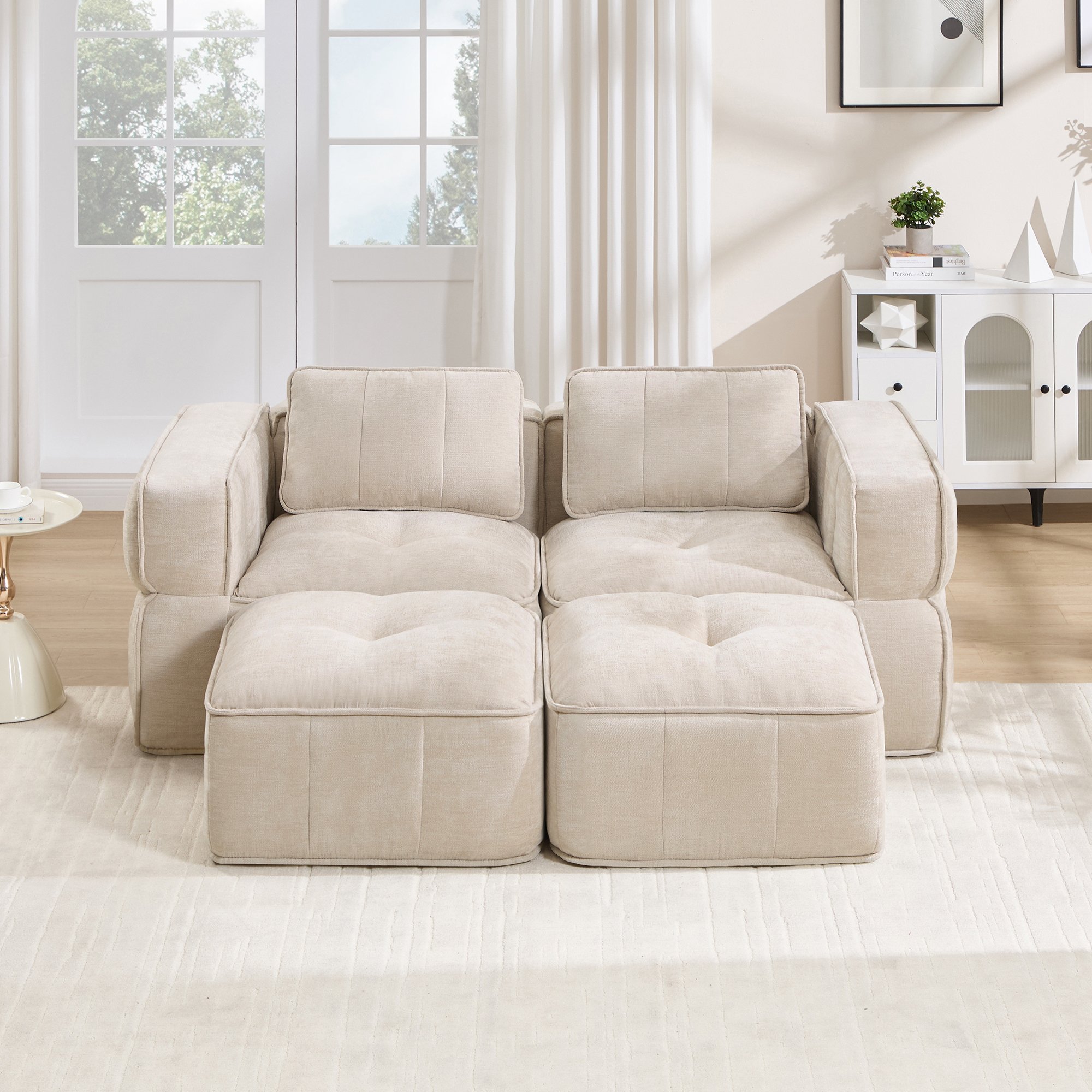 Canapé modulaire 2 places beige en tissu polyester avec deux poufs, assise profonde mousse haute densité pour salon moderne