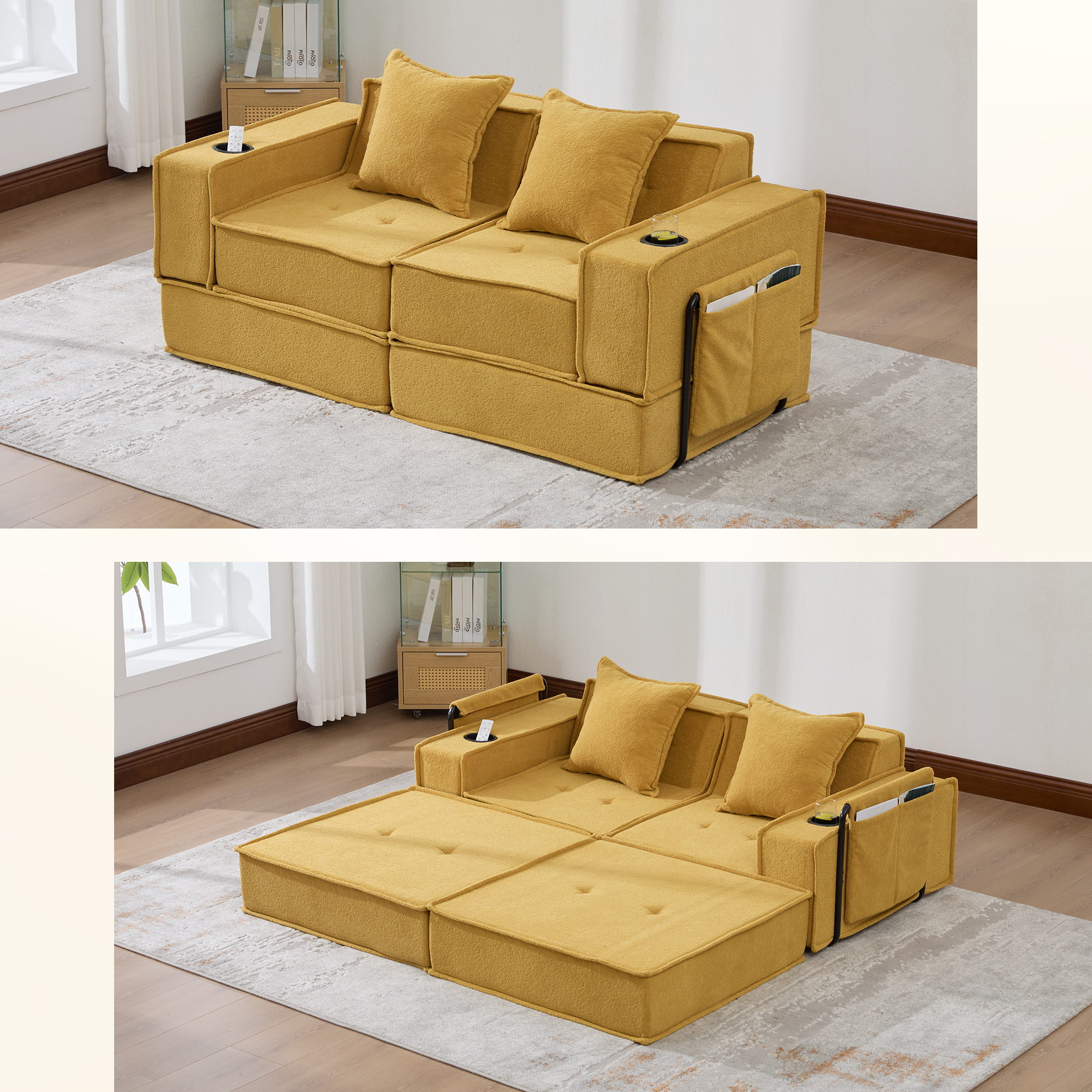 Canapé 2 places en chenille jaune moutarde, structure basse stable avec rangement latéral pratique