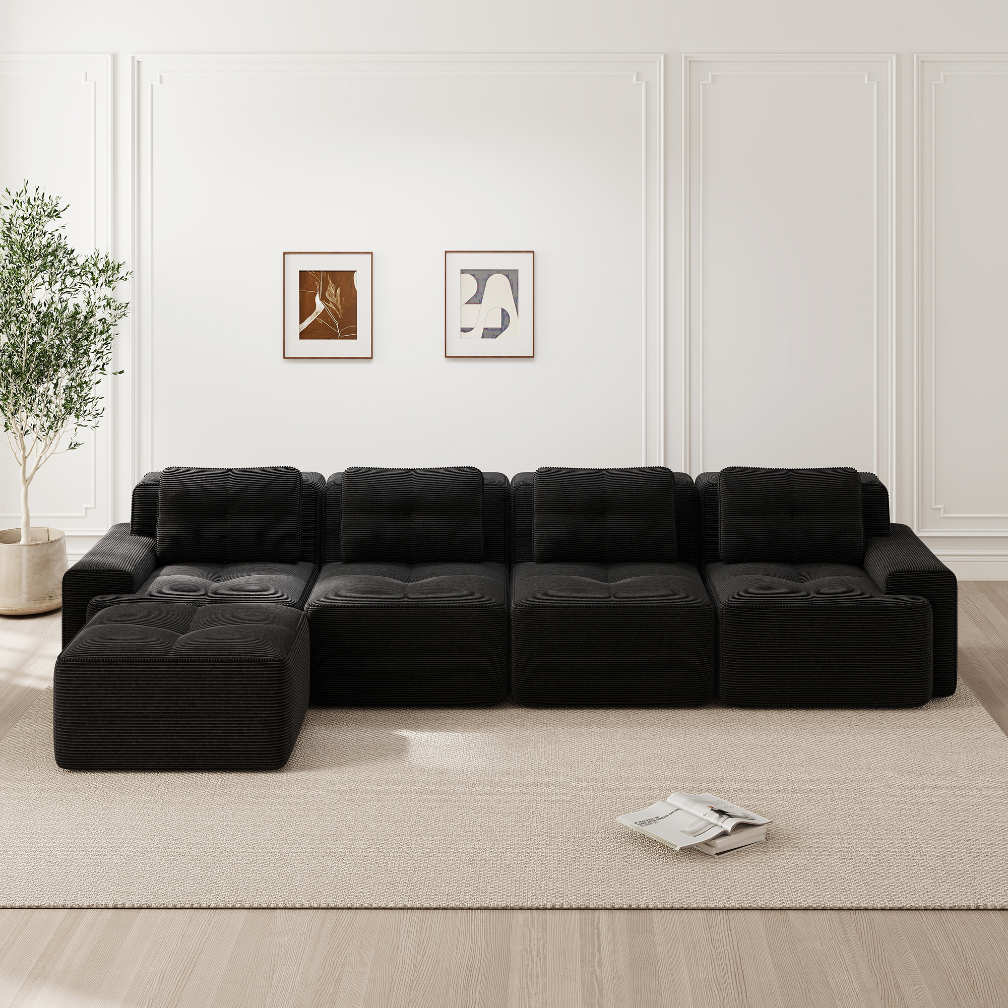 Canapé d'Angle Modulaire 4 Places 382x177x69 cm Méridienne Profonde Noir Tissu Côtelé Monté en 5 Colis Livraison Rapide