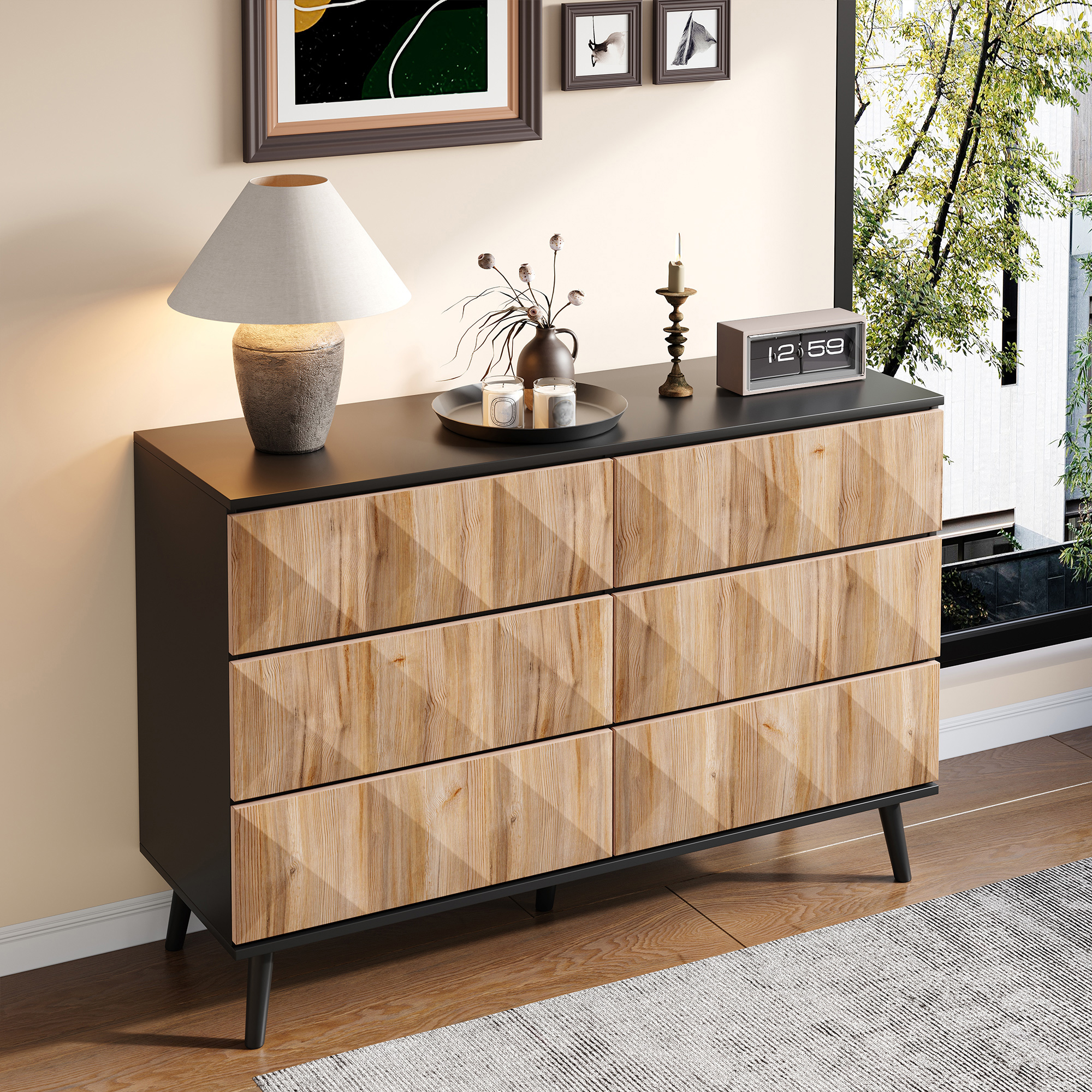Buffet en Panneau composite de fibres de bois à densité et Panneaux de Particules avec 6 Tiroirs Intégrés et Pieds Noirs Stables - Meuble de Rangement Moderne