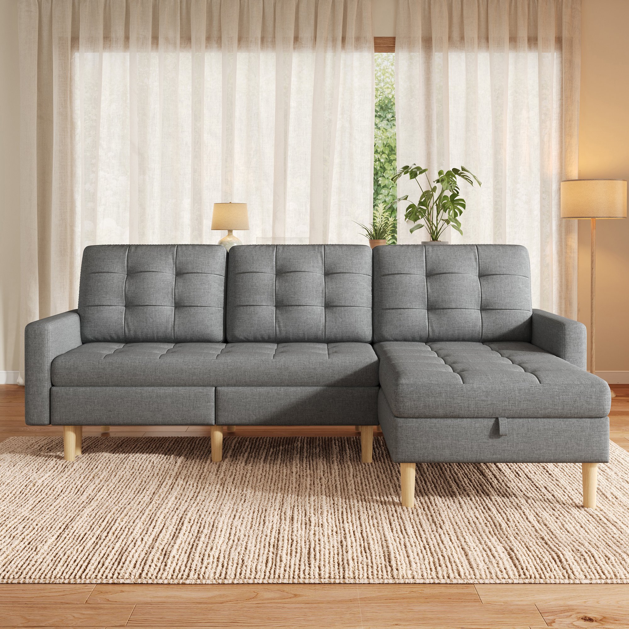 Petit canapé d'angle gris 212x130 cm avec chaise longue interchangeable et rangements cachés, montage facile sans outils spécifiques