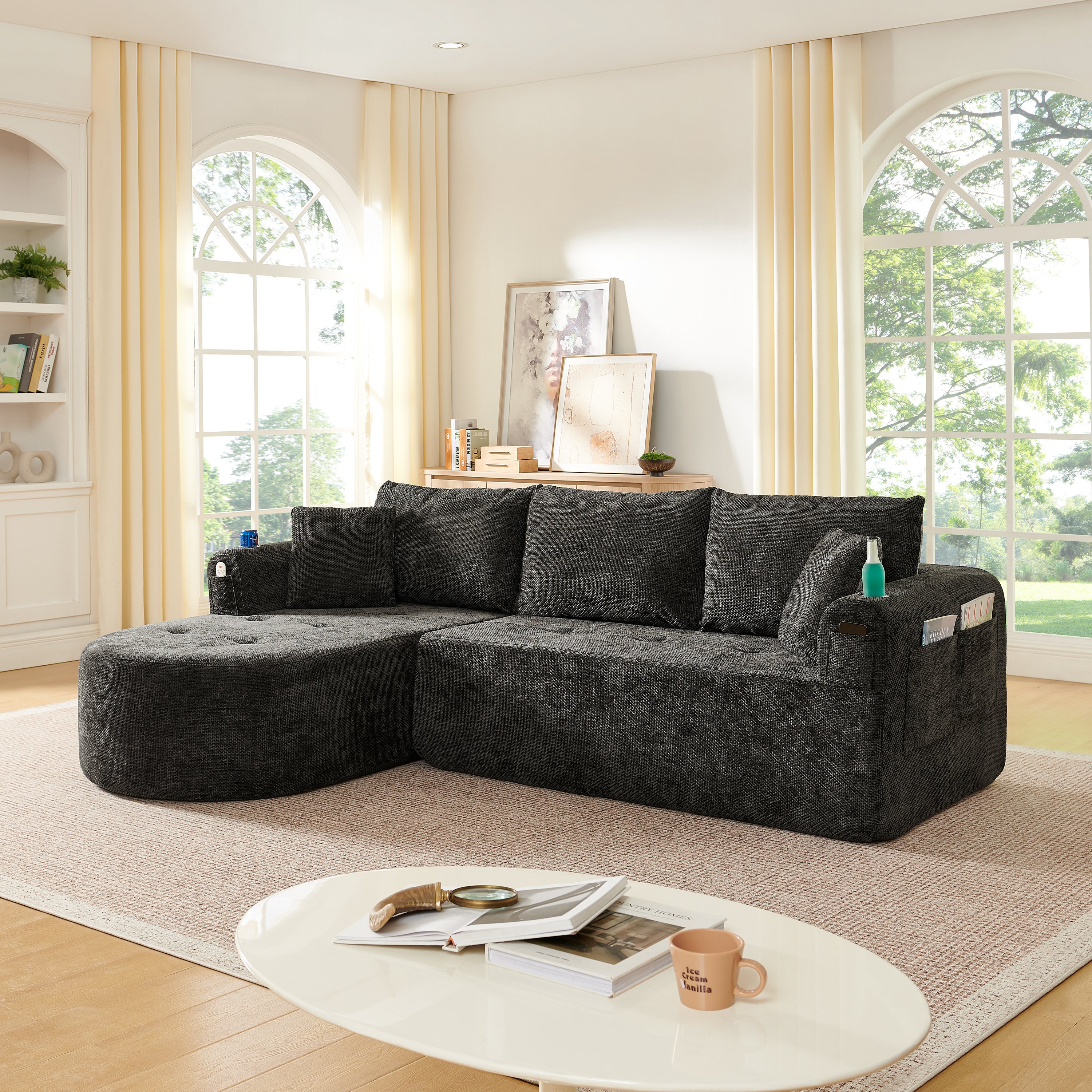 Canapé d'angle modulable noir en tissu Lin, design contemporain avec porte-gobelet inox et pochettes de rangement intégrées