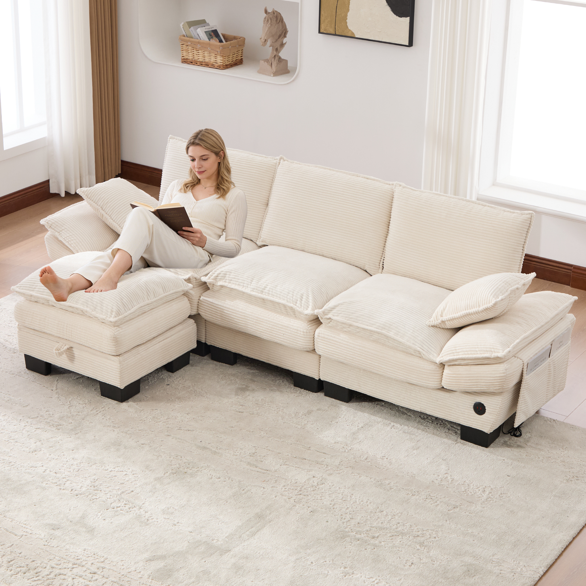 Canapé d'angle modulable 3 places en velours côtelé beige avec hocker, USB-C et poches latérales
