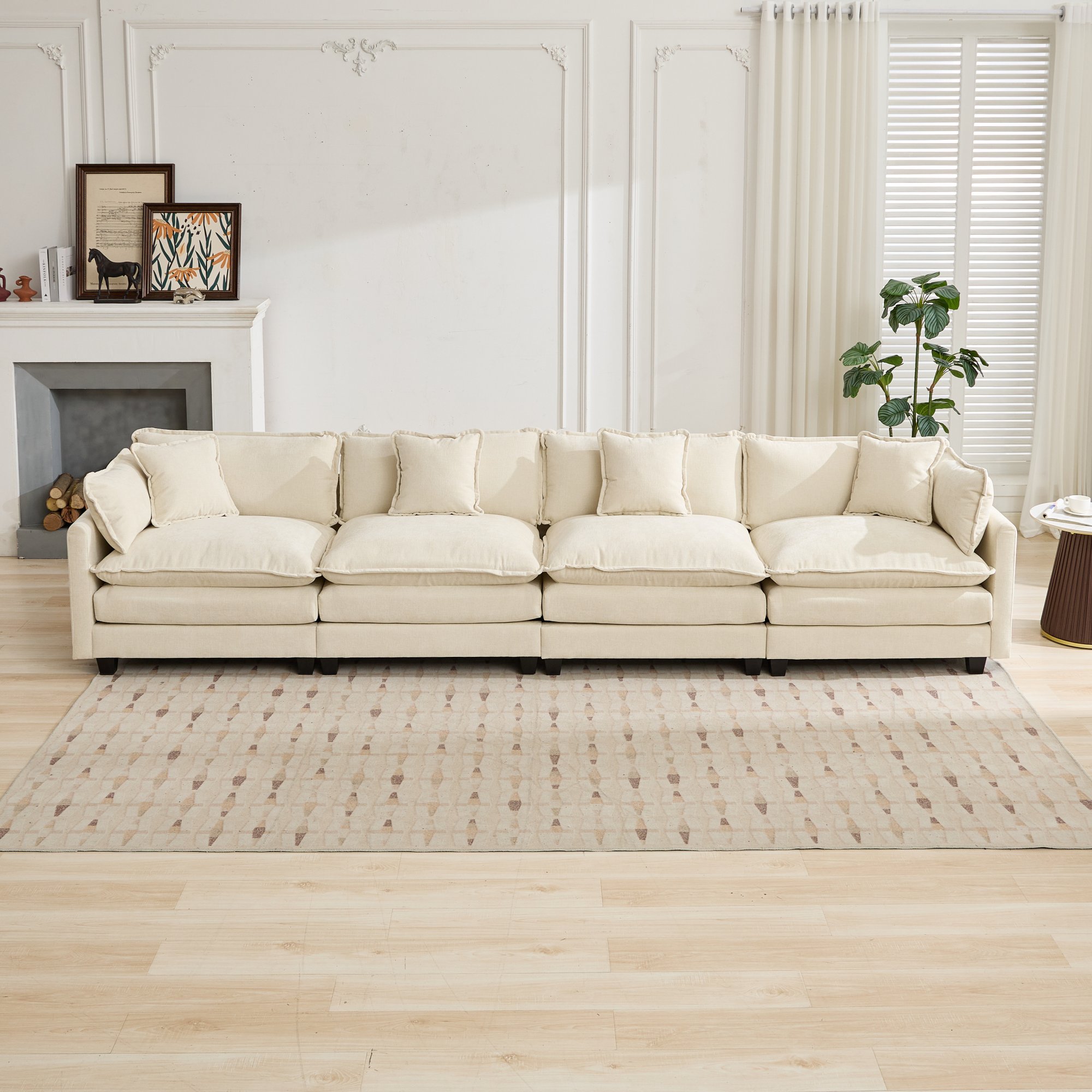 Canapé 4 places en chenille beige à monter soi-même, canapé modulable et confortable pour appartement et salon