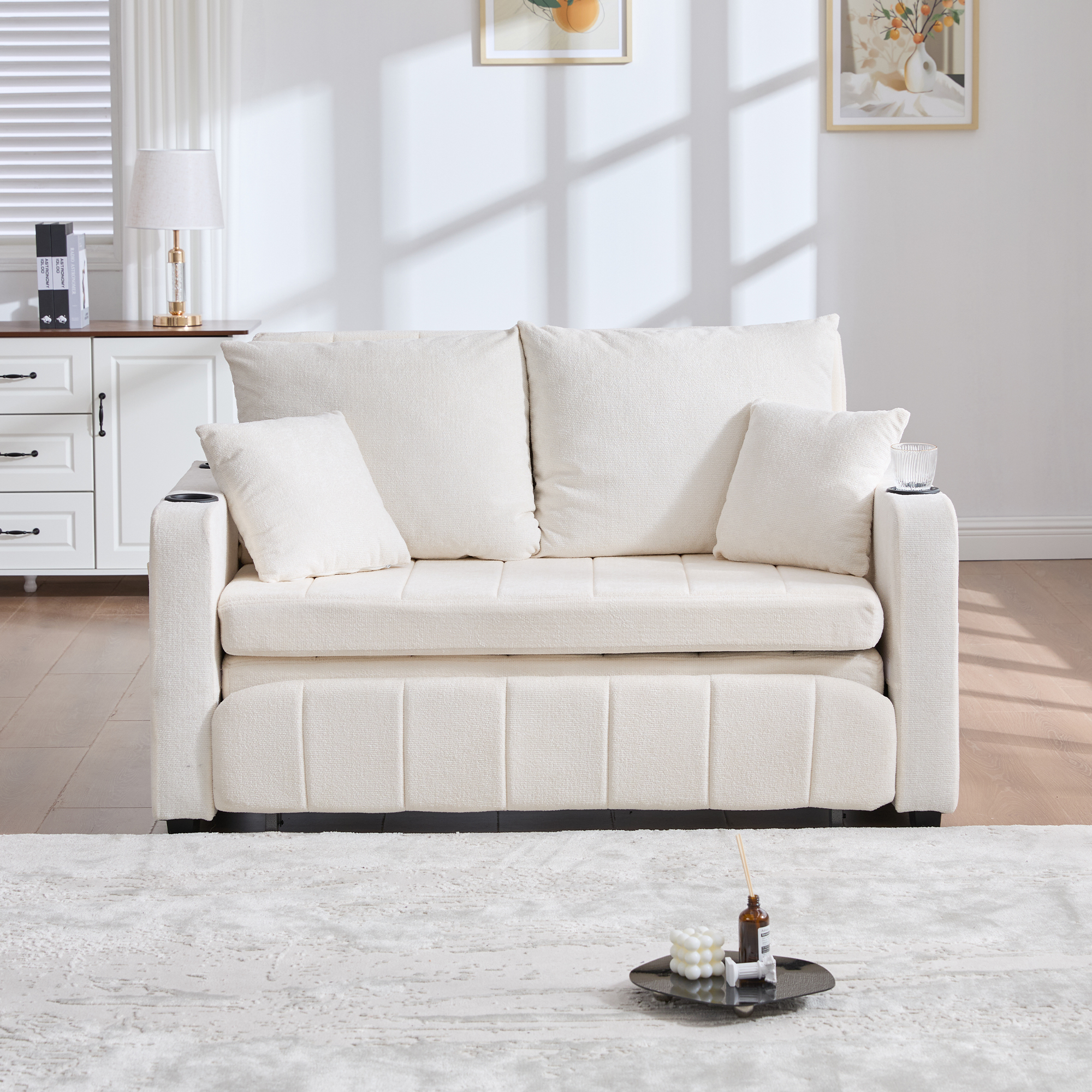 Lit rembourré 2 places 140x200 cm avec tiroirs de rangement, poches latérales et port USB Type-C