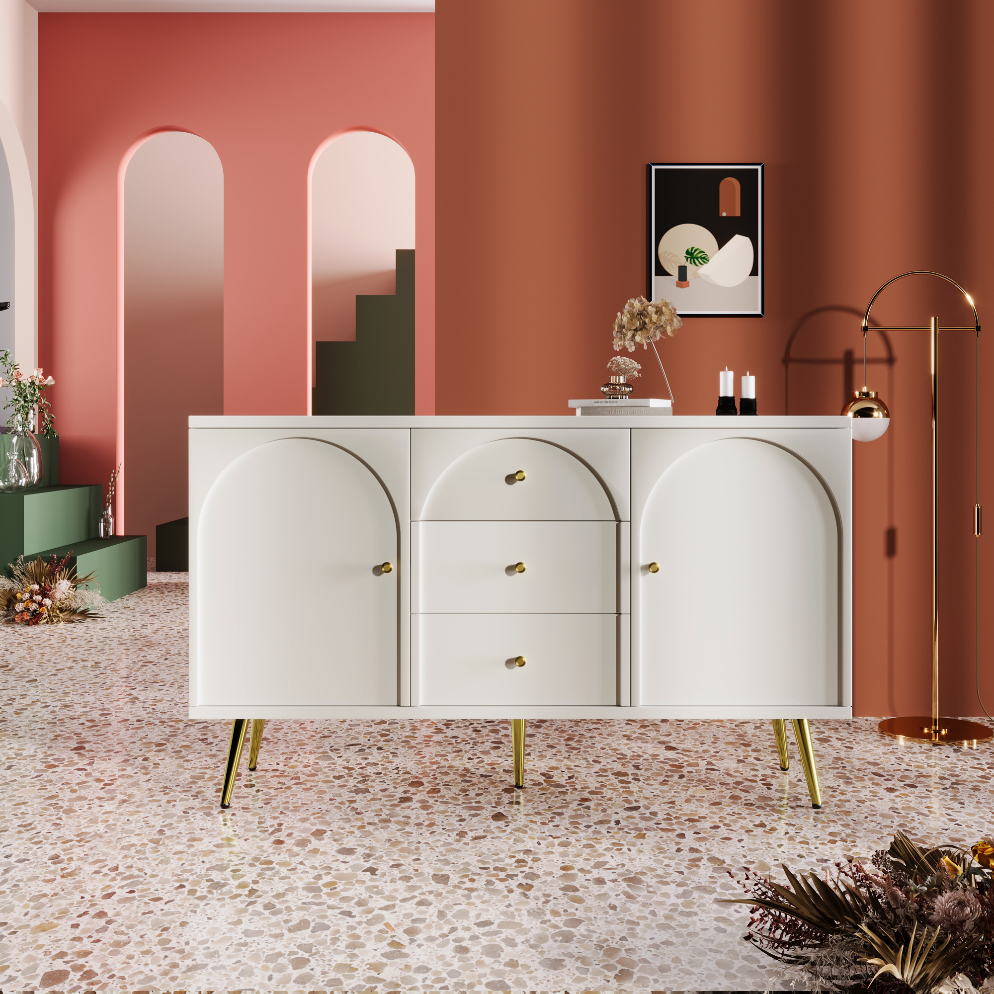 Buffet Blanc 140x84x40 cm, Meuble Bas avec 2 Portes Latérales et 3 Tiroirs Centraux, Idéal pour Stockage Salon et Chambre