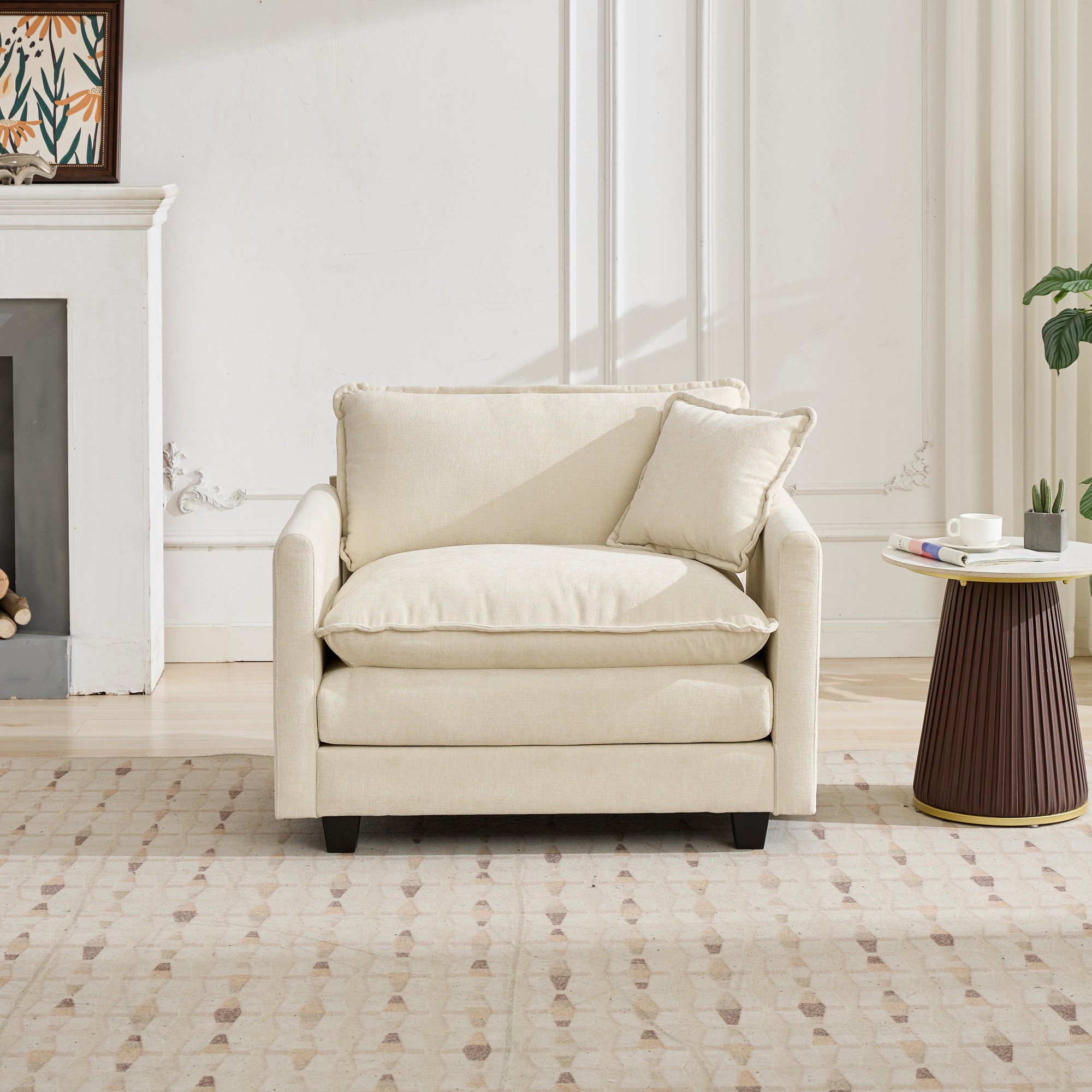 Canapé 1 place en tissu chenille beige, coussin double couche et structure rembourrée moelleuse
