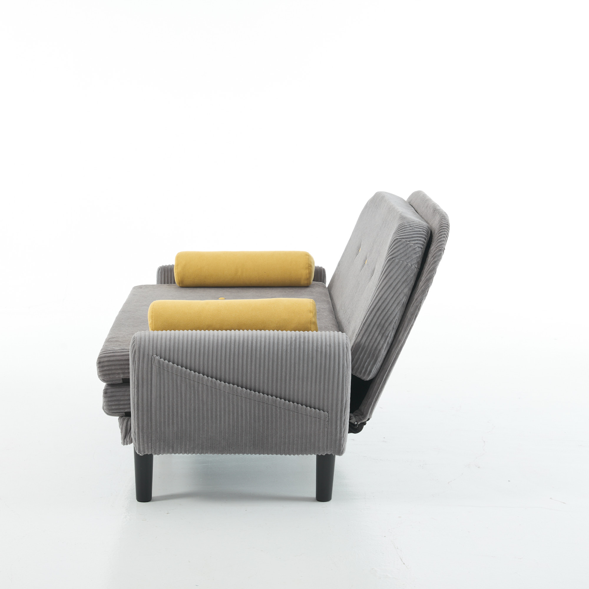 Fauteuil relax gris en velours côtelé sur cadre métallique robuste, rembourrage en mousse haute densité avec deux coussins inclus