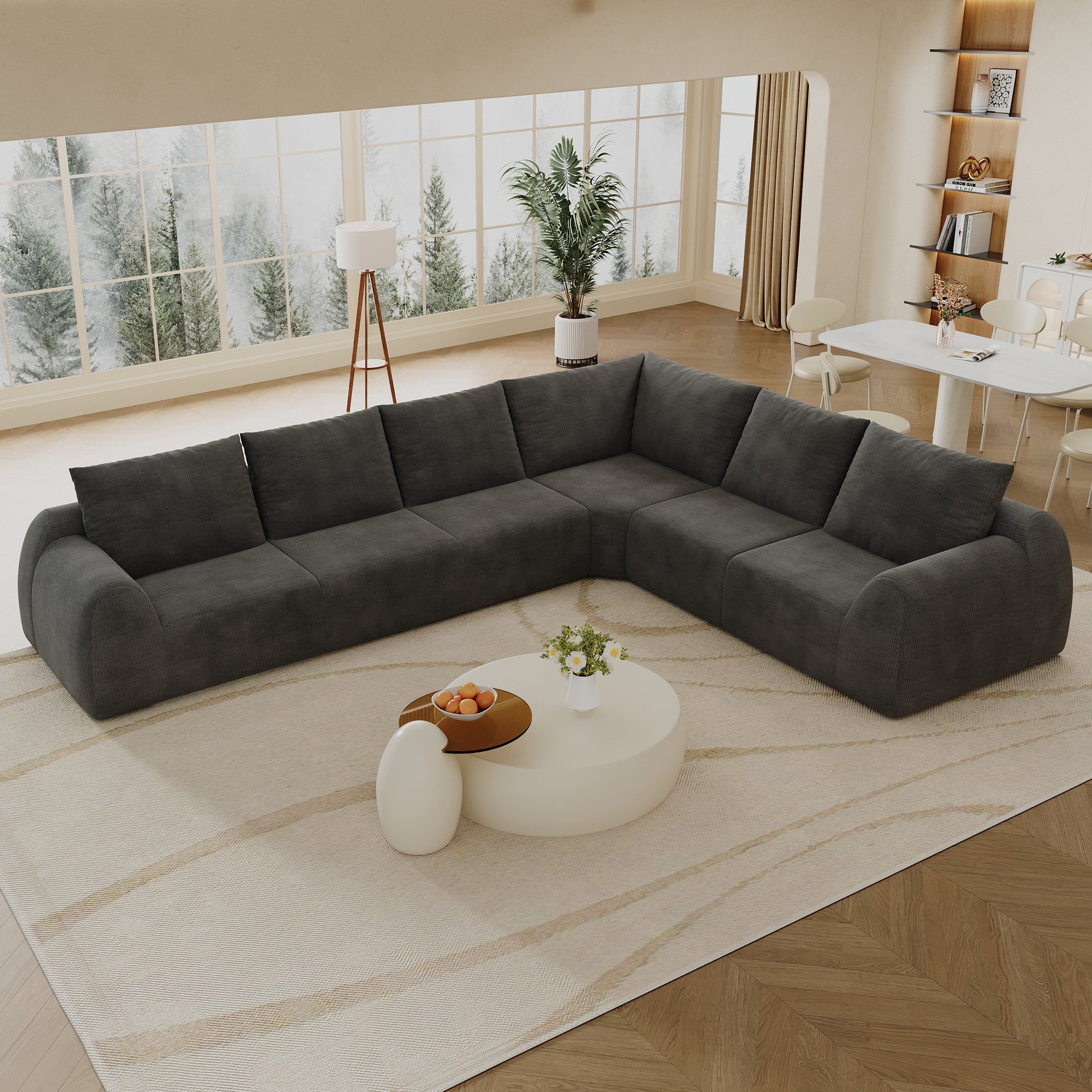 Canapé d'angle 334x267cm en tissu chenille gris foncé, rembourré mousse haute élasticité, sans montage requis pour salon et chambre à coucher moderne