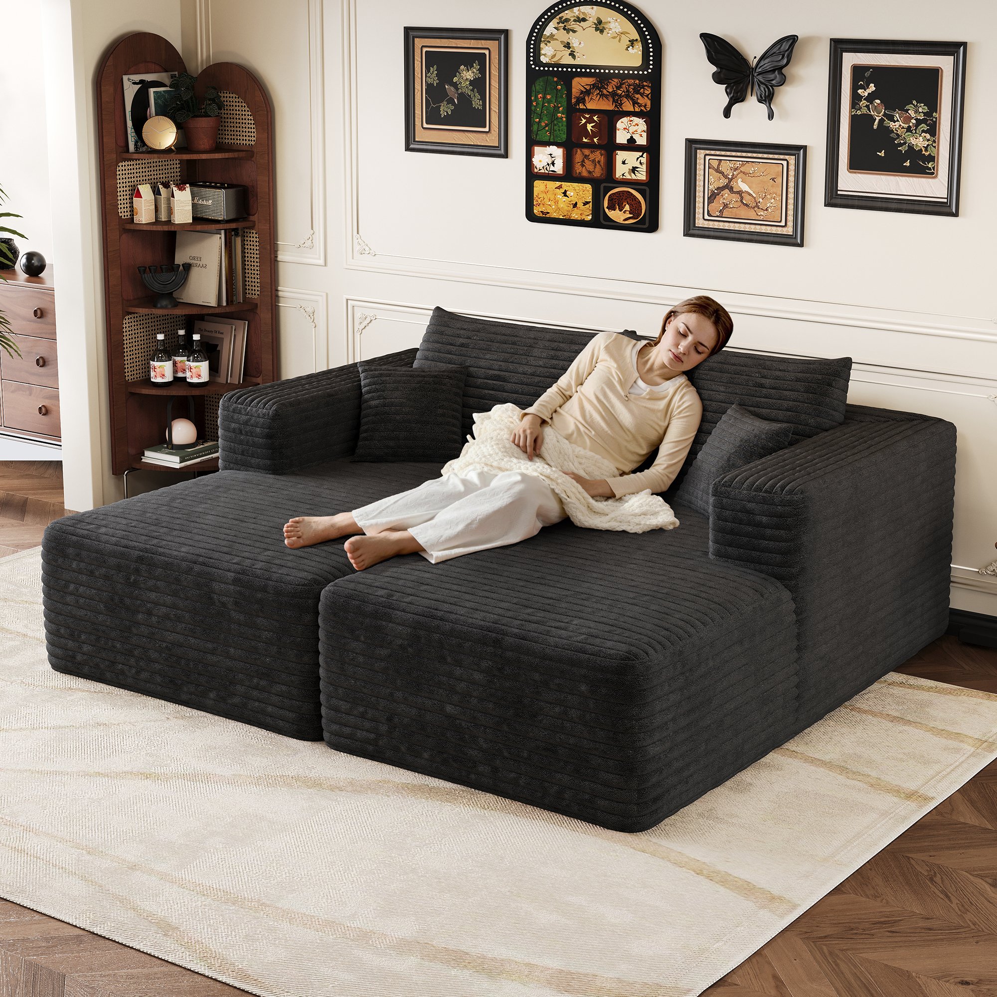 Canapé d'angle noir velours côtelé 180x151 cm, sofa modulable sans assemblage, style minimaliste pour petit espace