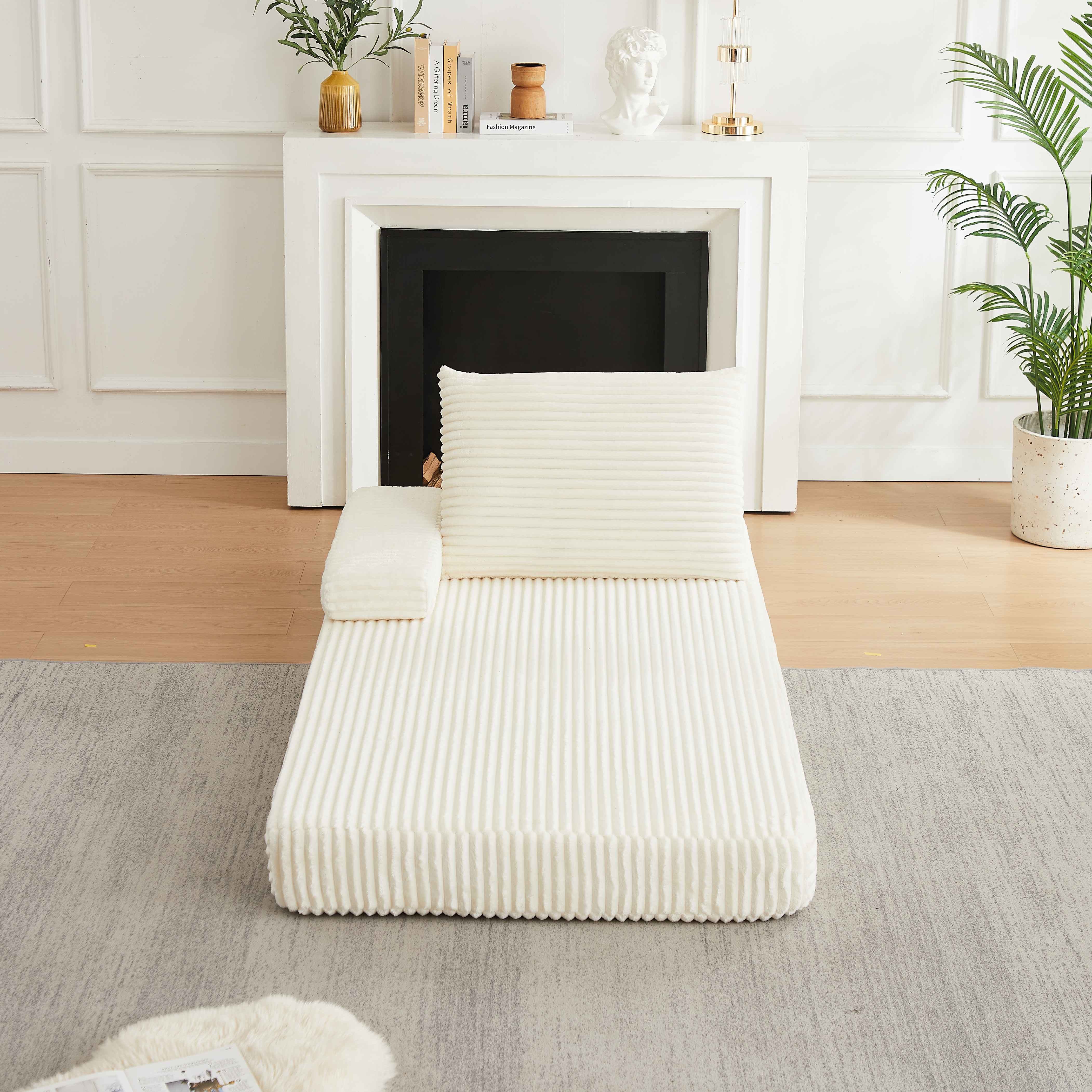 Canapé Modulable Beige en Corde Velours 211x106cm avec Dossiers Triangulaires Amovibles et Coussins Allongés pour Salon Moderne