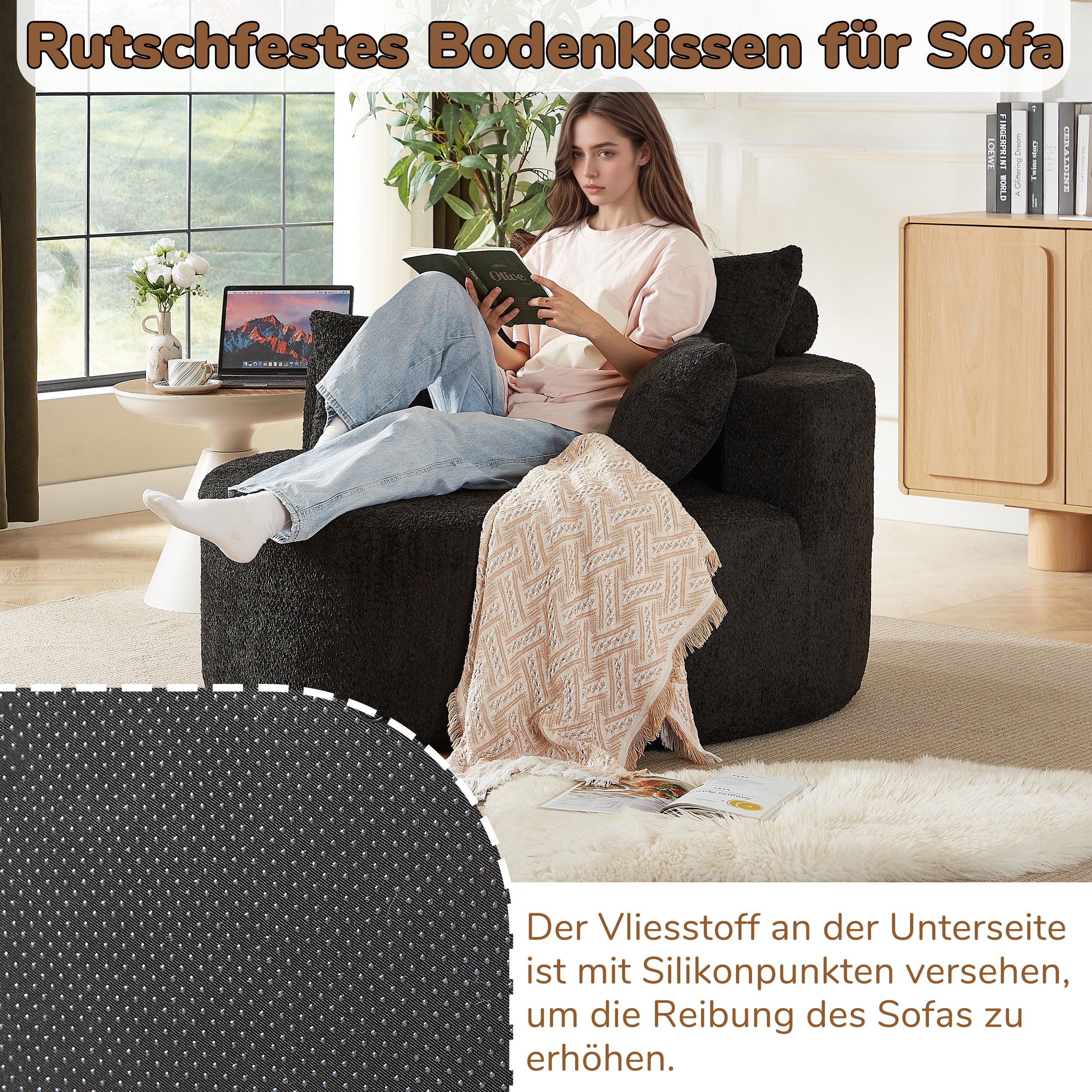 Fauteuil en Tissu Chenille Noire avec Remplissage Mousse, Structure Monobloc Confortable, Idéal pour Salon Contemporain