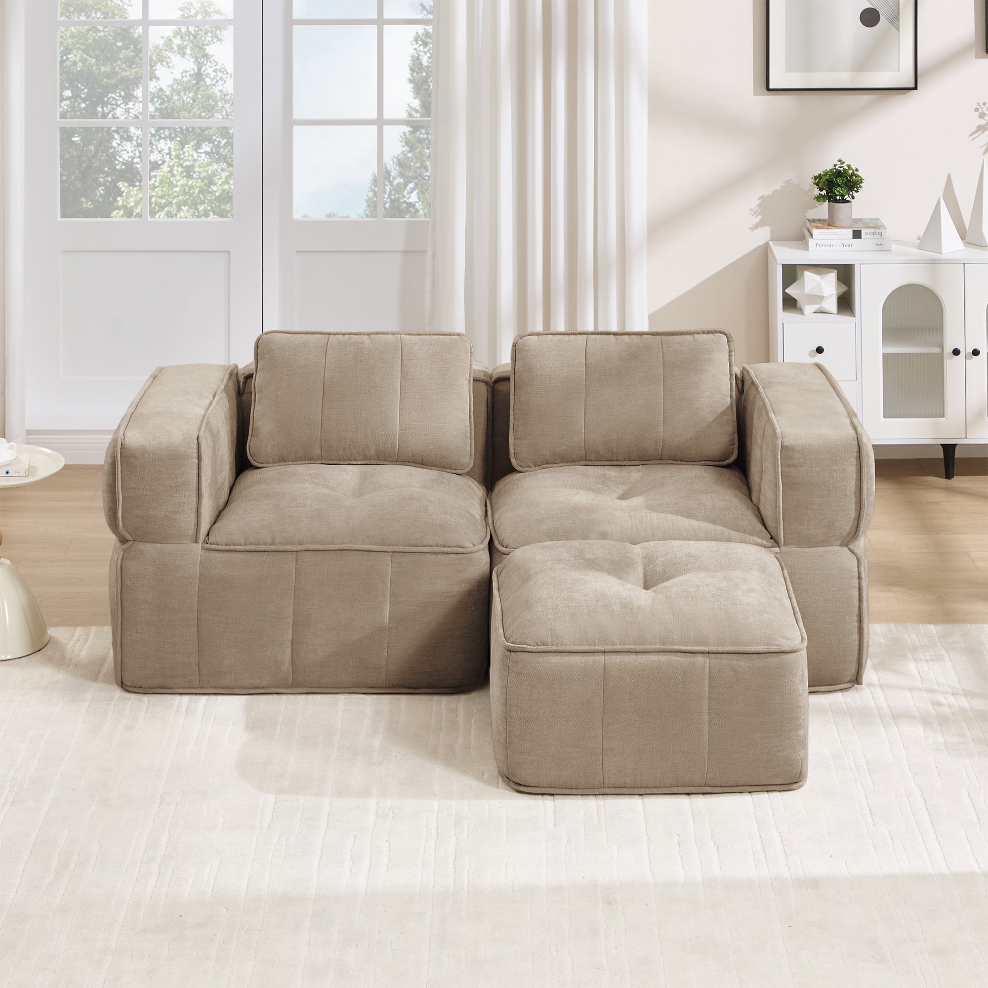 Canapé 2 places dimensions 198x162x67 cm, charge max 550 kg, poids 42,8 kg, livré en 3 colis, format L avec ottoman inclus