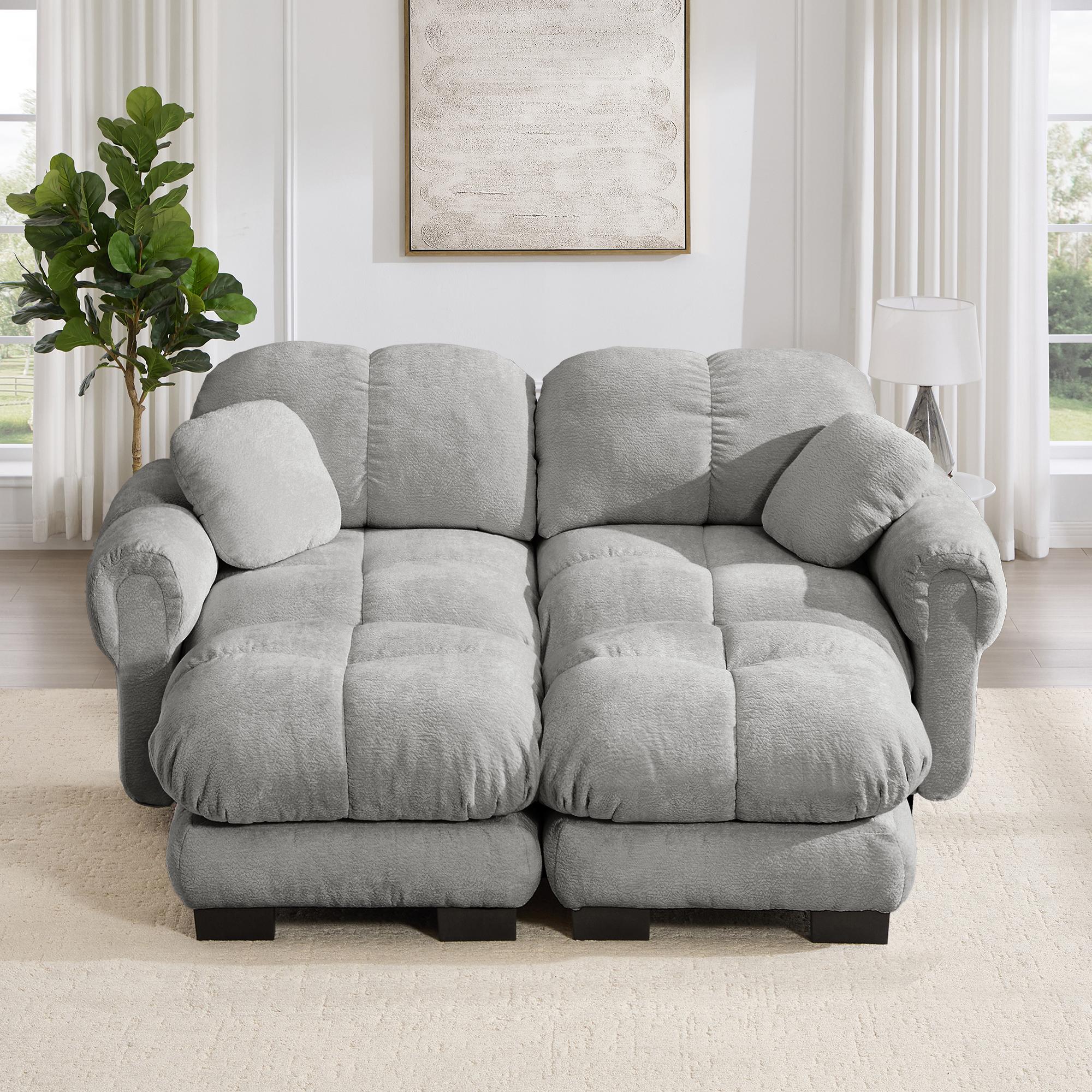 Canapé panoramique 2 places en U, revêtement en chenille gris clair, design capitonné élégant pour salon moderne