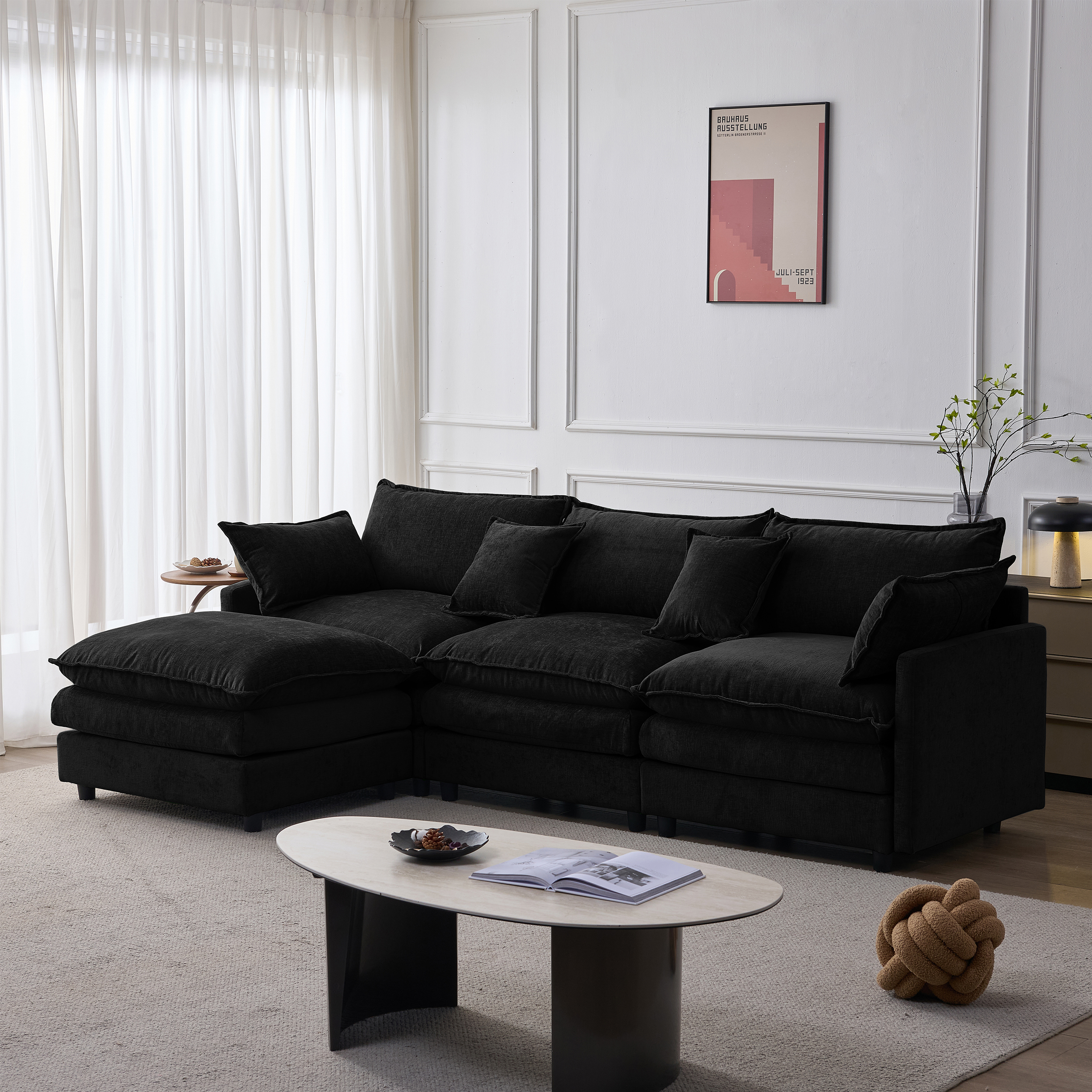 Méridienne Canapé d'angle 3 places Noir en Tissu Chenille avec Pouf Modulaire et Rangement Intégré pour Salon Moderne