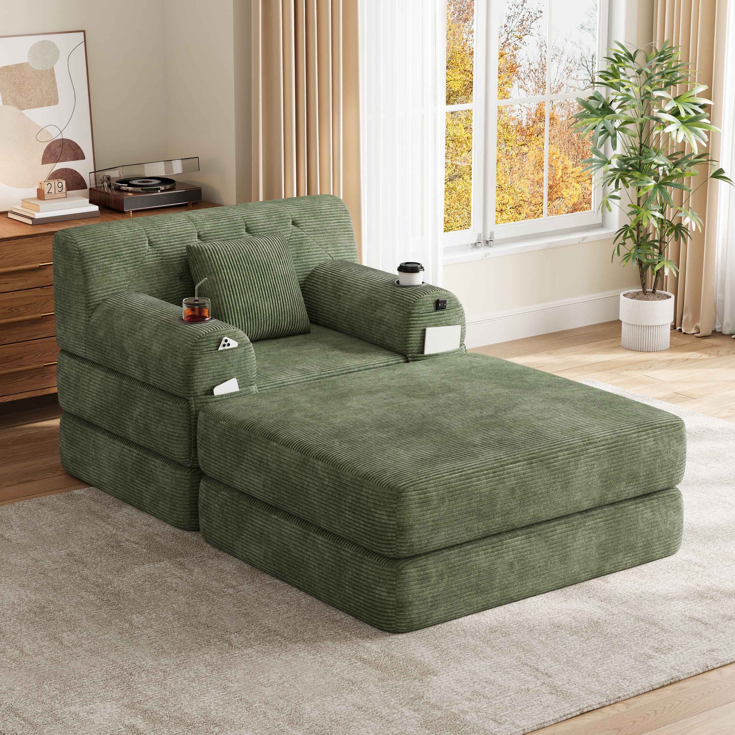 Canapé-lit une place vert côtelé avec dossier haut, cadre métal, mousse haute densité, 2 porte-gobelets et 4 poches de rangement, sans montage requis