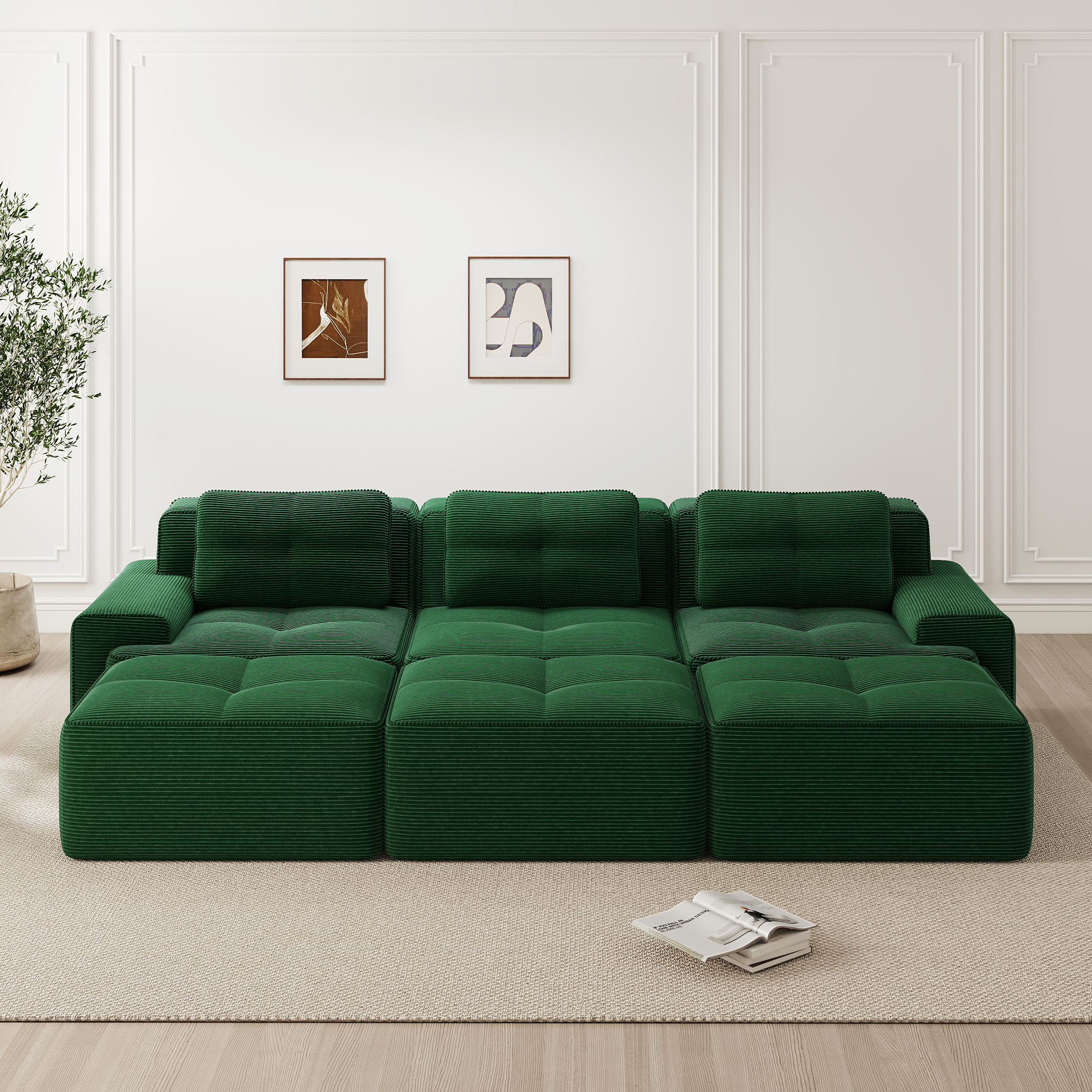 Canapé d'angle convertible vert en velours côtelé doux, structure modulable sans pieds avec assise profonde 74 cm et hockers