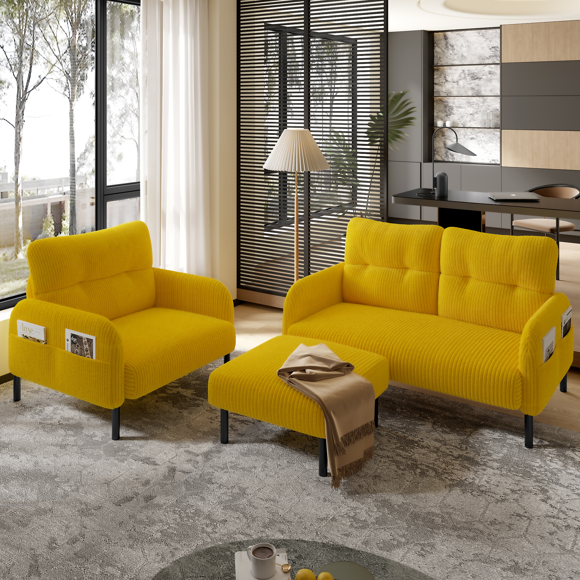 Ensemble canapé 2 places fauteuil et pouf en velours côtelé jaune moutarde, modulable avec poches latérales