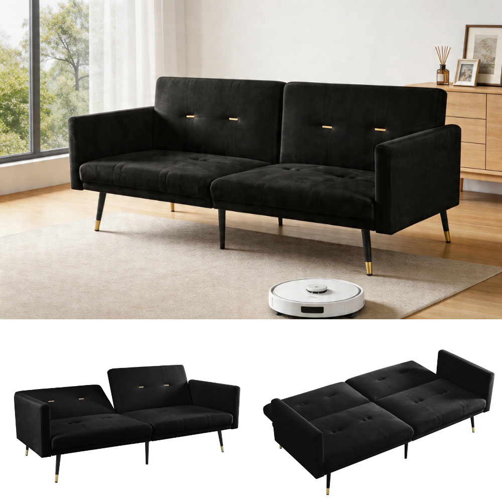 Canapé Convertible 2 Places Noir en Velours, Canapé-Lit Réglable 5 Positions avec Pieds de 20cm, Structure Stable 180kg