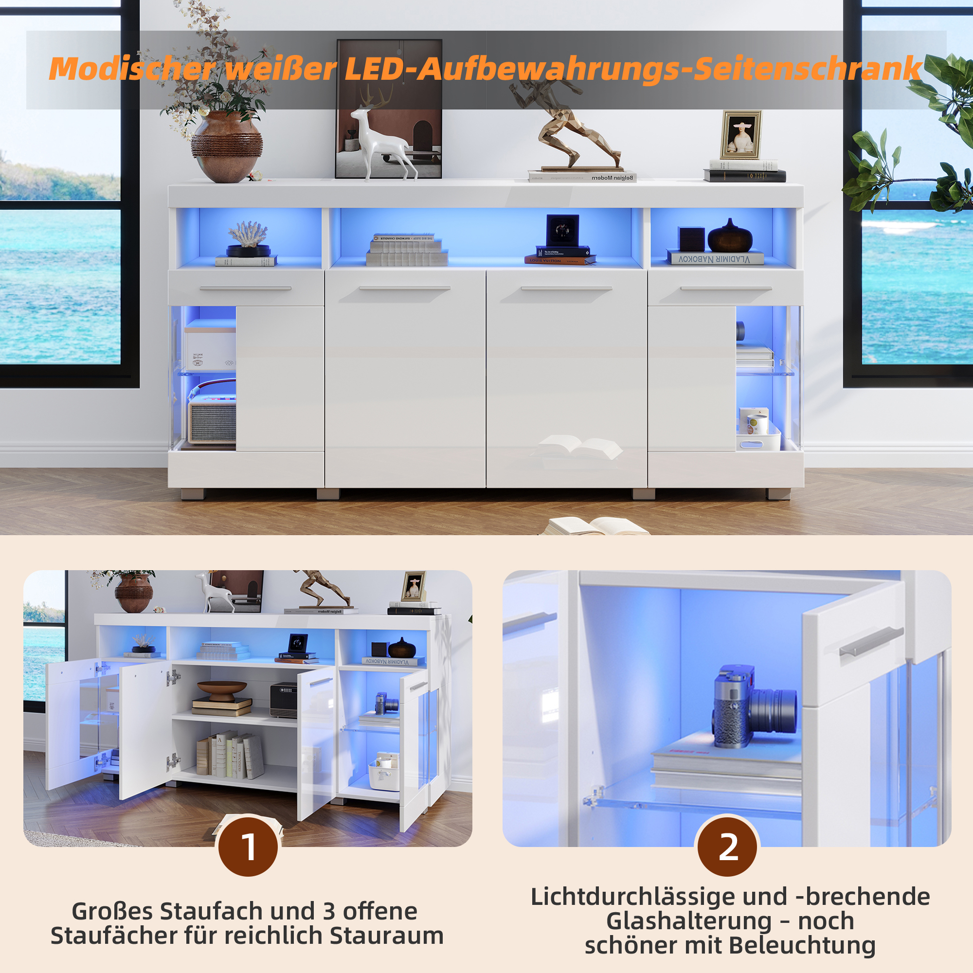 Meuble de Rangement Large 140x40x70 cm Buffet Blanc Brillant avec Compartiments et Éclairage LED pour Espace Confortable