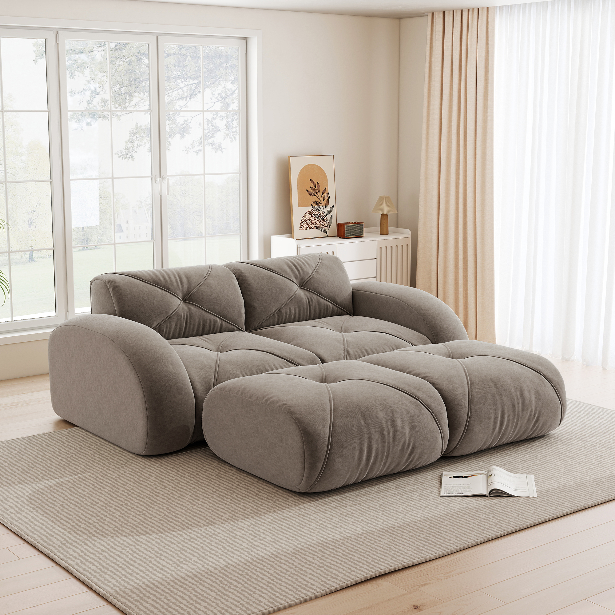 Canapé modulable 2 places 204x171 cm, design plat sans dossier en tissu Chenille taupe, livré avec 2 poufs pour salon moderne