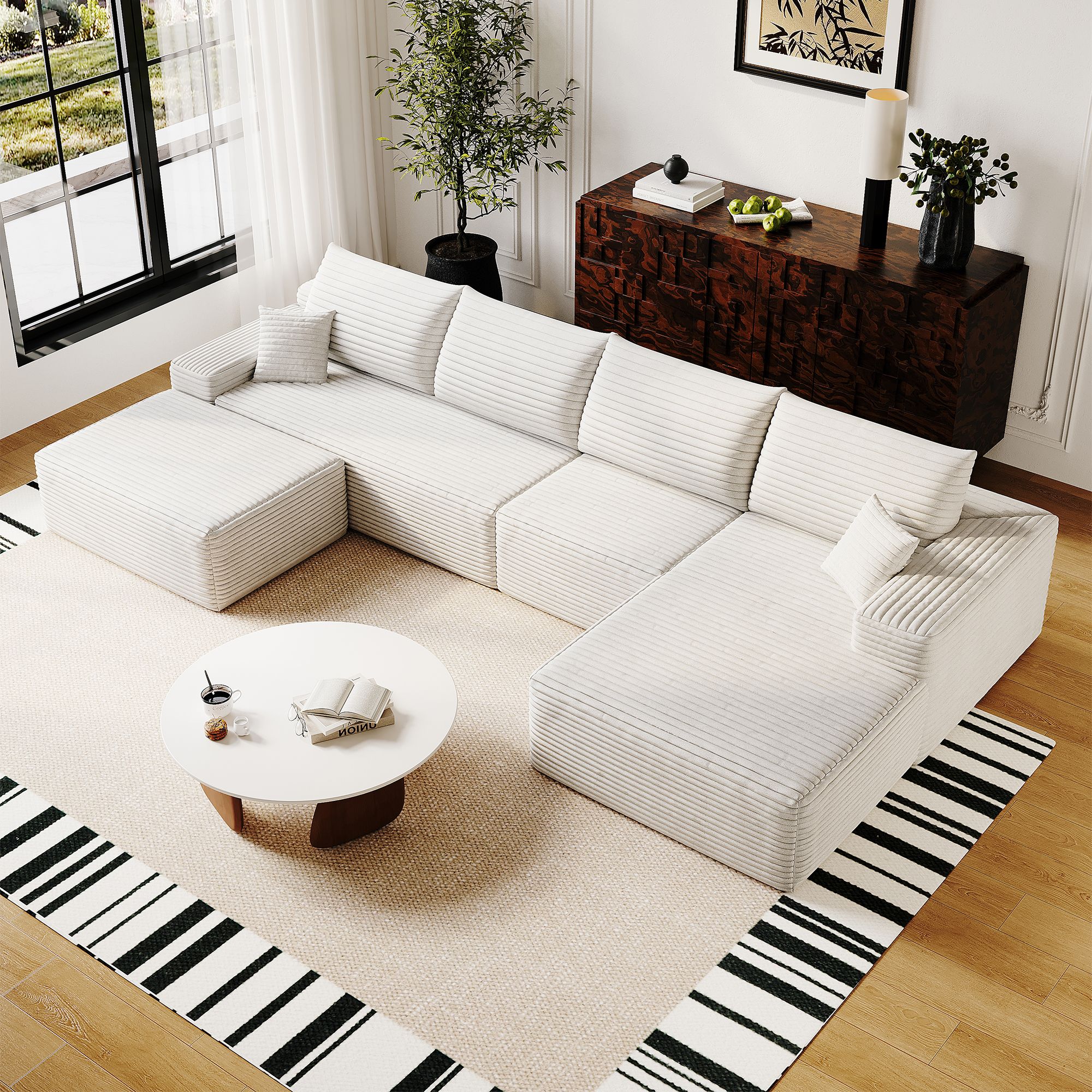 Canapé d'angle blanc 340x175 cm en tissu velours côtelé, structure modulaire avec méridienne et assise profonde pour salon