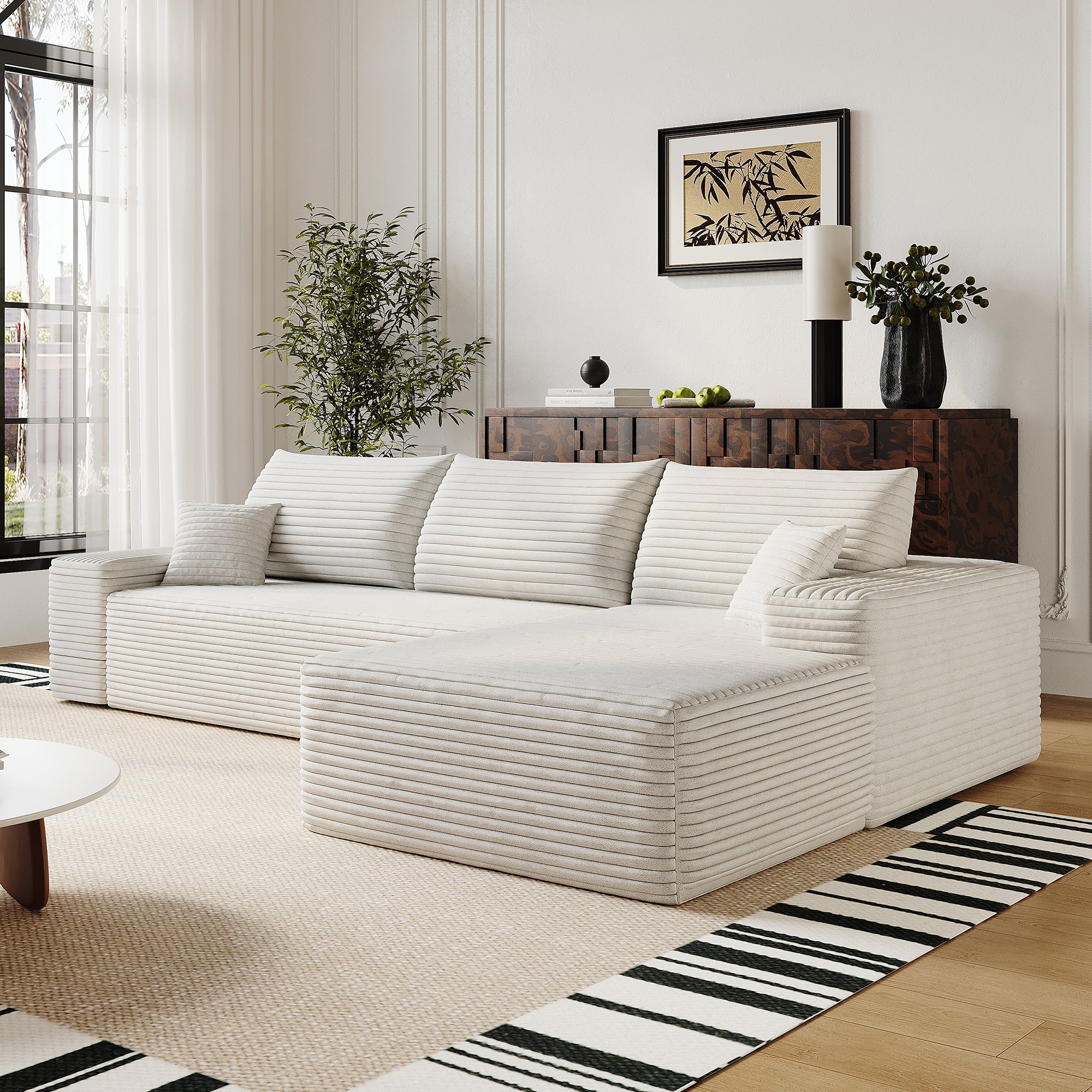 Canapé d'angle blanc 270x175 cm en tissu côtelé, structure modulaire sans montage, assise profonde et confort optimal pour le salon.