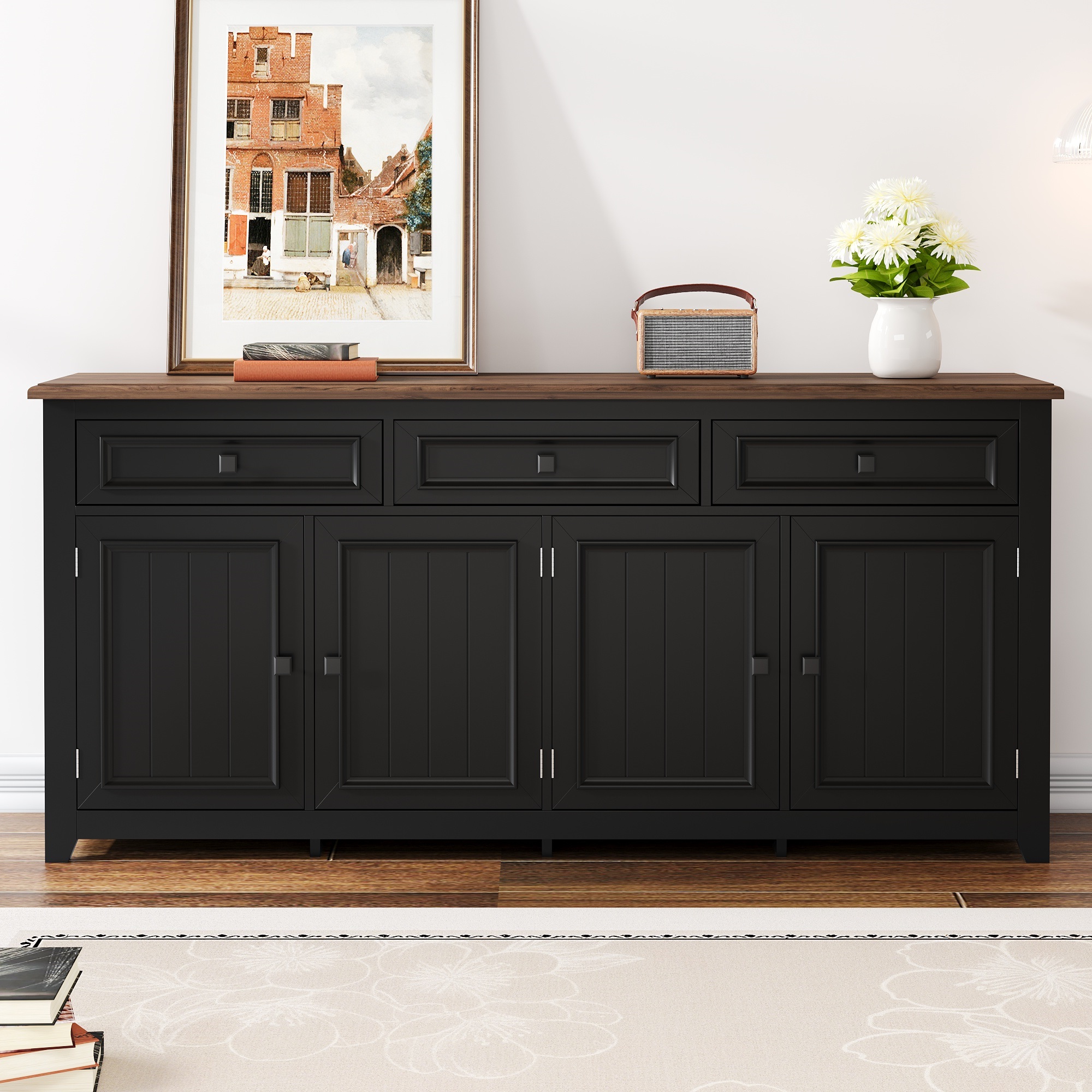 Buffet Noir En Panneau composite de fibres de bois à densité Avec 4 Portes Et 3 Tiroirs, Meuble De Rangement Moderne Avec Étagères Réglables Pour Salon Ou Entrée