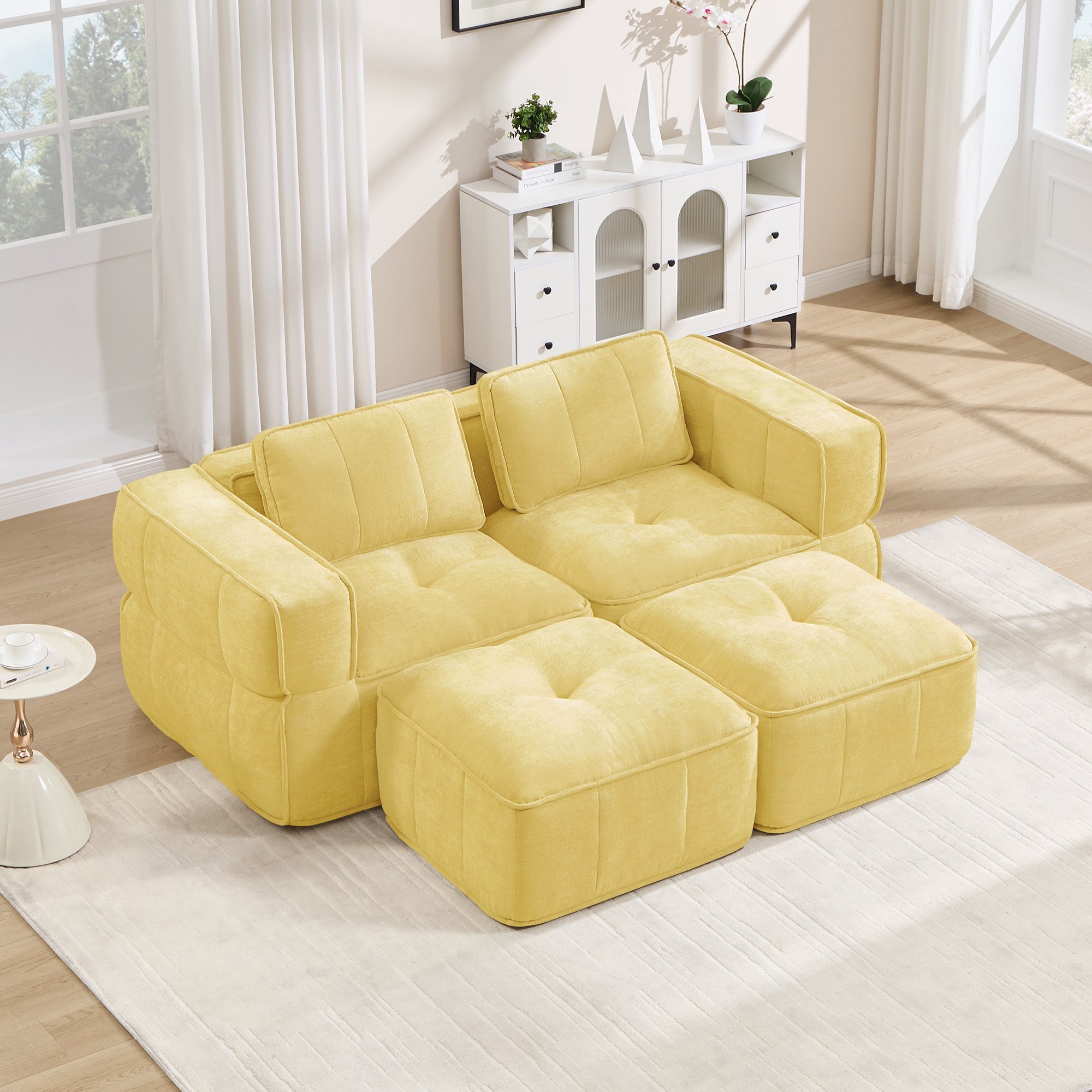 Canapé modulaire 2 places jaune en polyester avec deux poufs, assise profonde mousse 32D, sans montage requis pour le salon