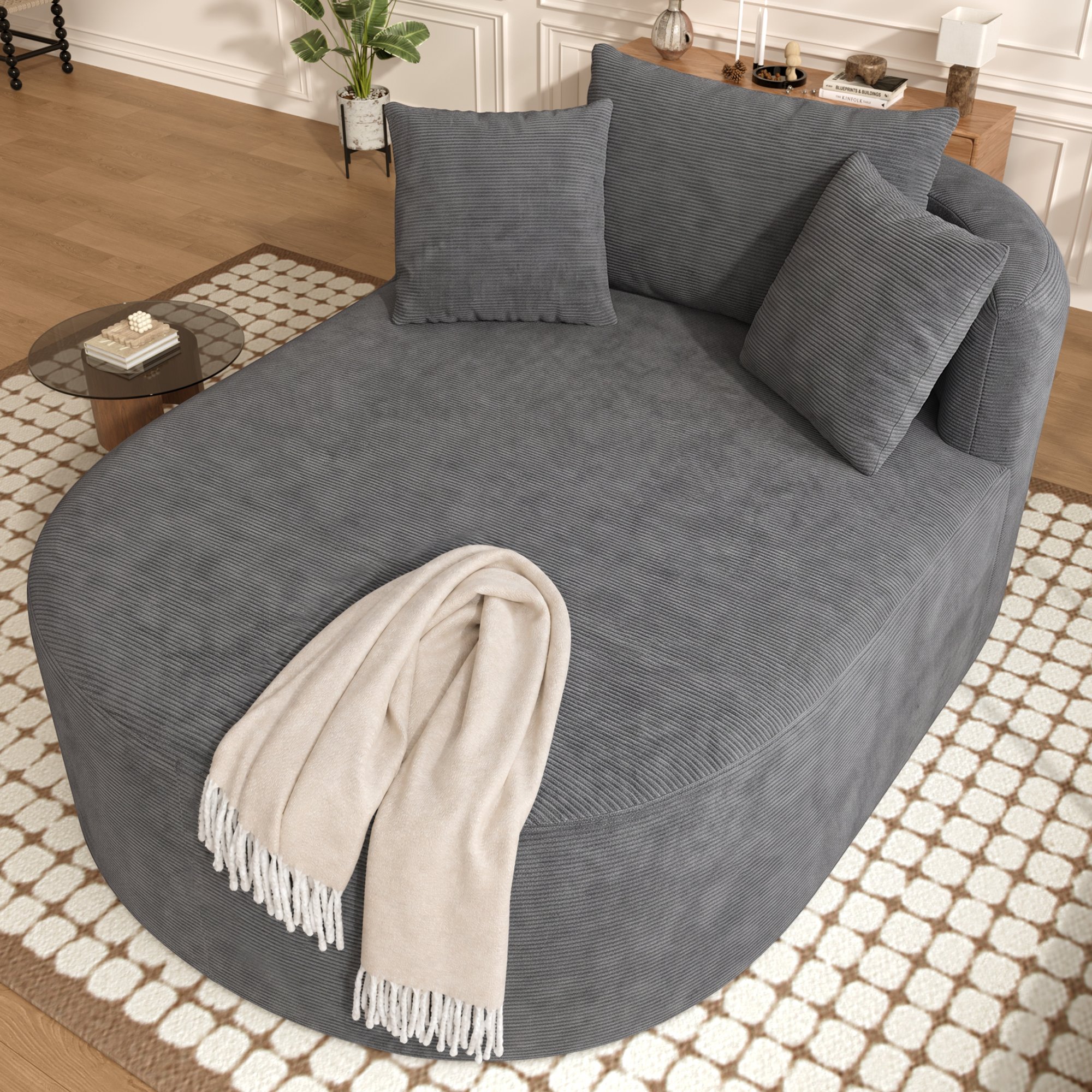Grand fauteuil relax 170x112,5x83 cm, assise large 110 cm et profonde 122 cm, tissu corduroy gris anthracite, prêt à l'emploi
