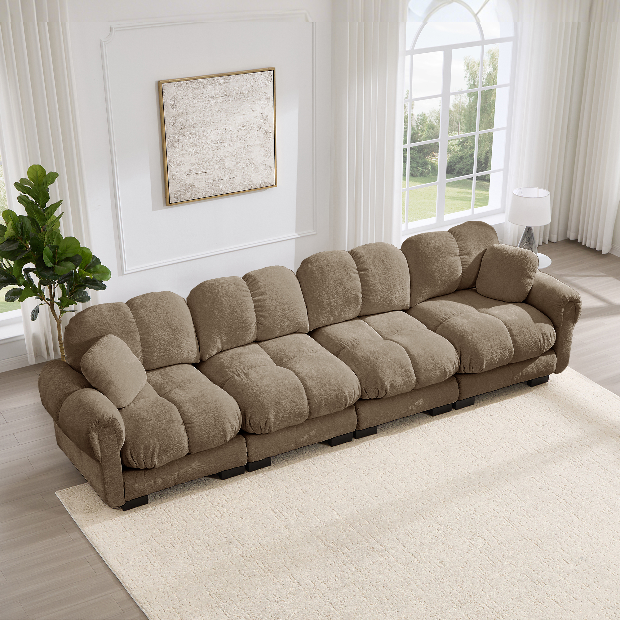 Canapé Modulable 3 Places en Tissu Chenille Marron, Design Contemporain avec Accoudoirs Éléphants et Coussin de Dossier Ergonomique pour Salon Moderne