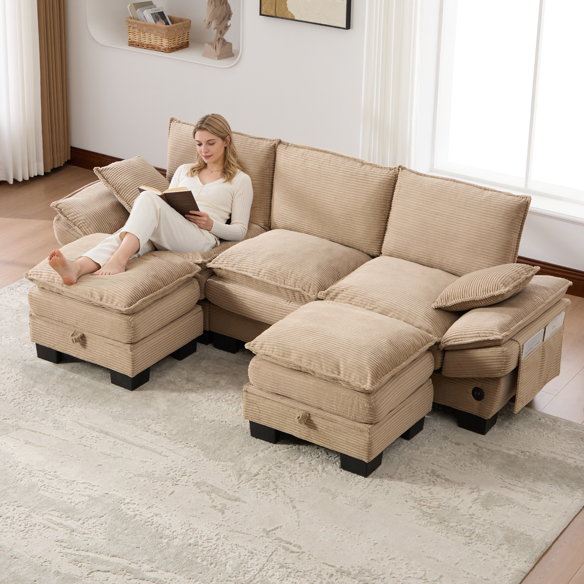 Canapé d'angle 3 places 260x132x84 cm avec 2 poufs et assise large de 194 cm en velours côtelé