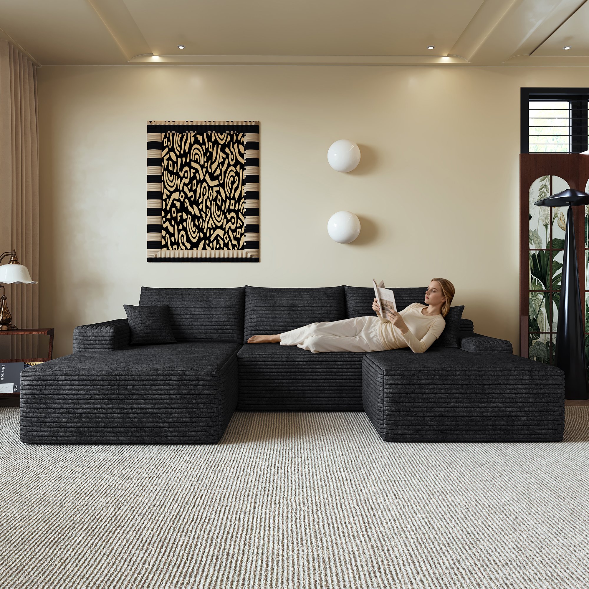 Canapé d'angle 270x175cm en tissu corduroy noir avec chaise longue, assise profonde et mousse haute densité pour salon moderne