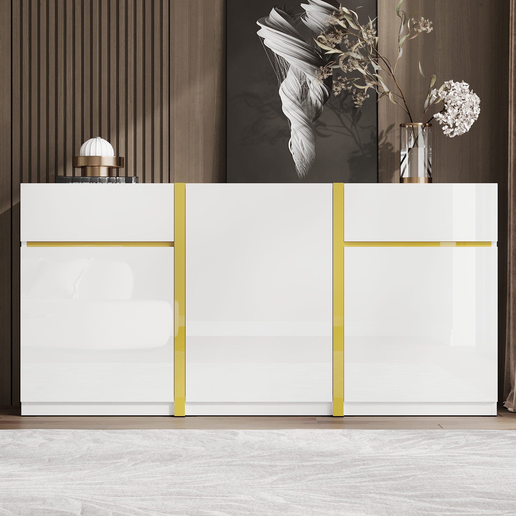 Buffet Blanc Laqué Brillant 160x78cm, Meuble Rangement Moderne 3 Portes 2 Tiroirs Panneau composite de fibres de bois à densité, Design Contemporain pour Cuisine Salon Entrée