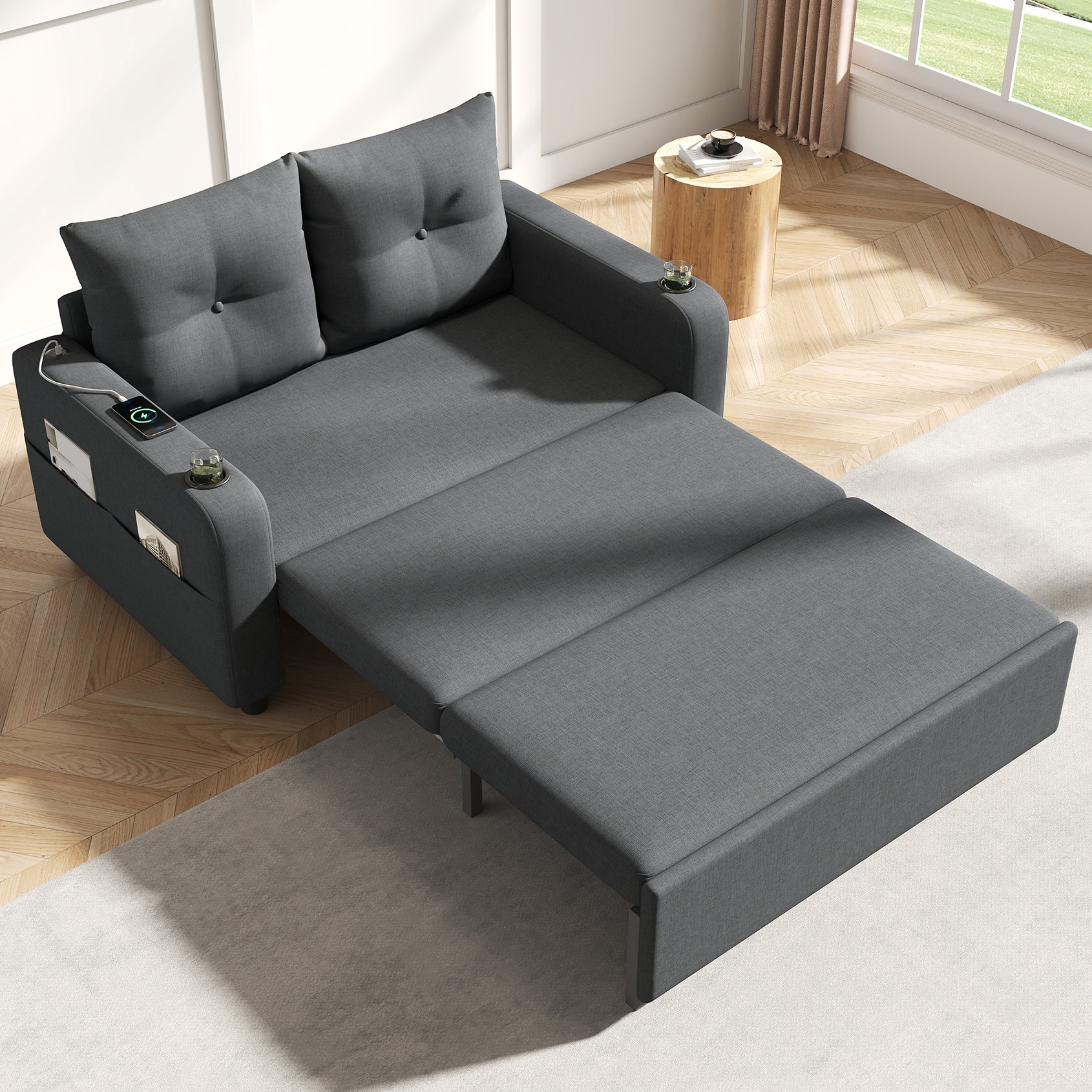 Canapé-lit convertible 2 places en tissu aspect lin gris avec porte-gobelets, ports USB Type-C et poches latérales, design moderne