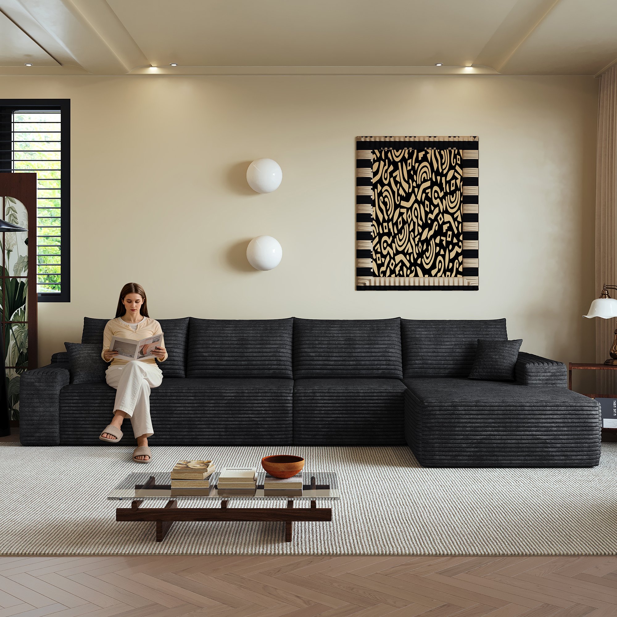 Canapé d'angle 340x175 cm noir en tissu côtelé, structure modulaire sans montage, assise profonde confortable pour salon et appartement