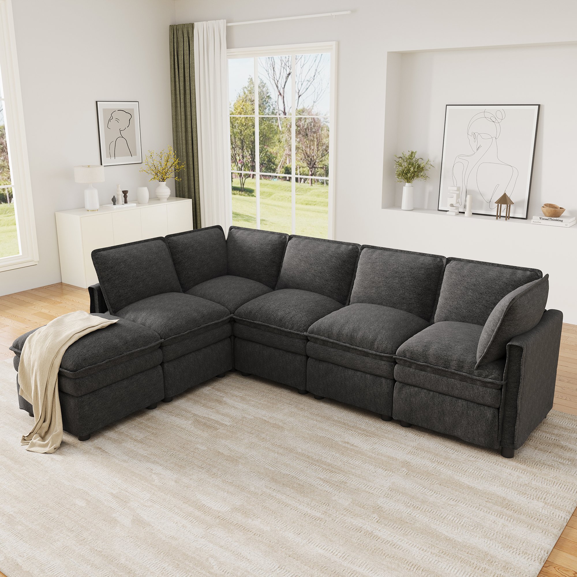 Canapé d'angle modulable XXL gris en chenille, 6 places avec ottoman mobile, design contemporain pour salon et bureau