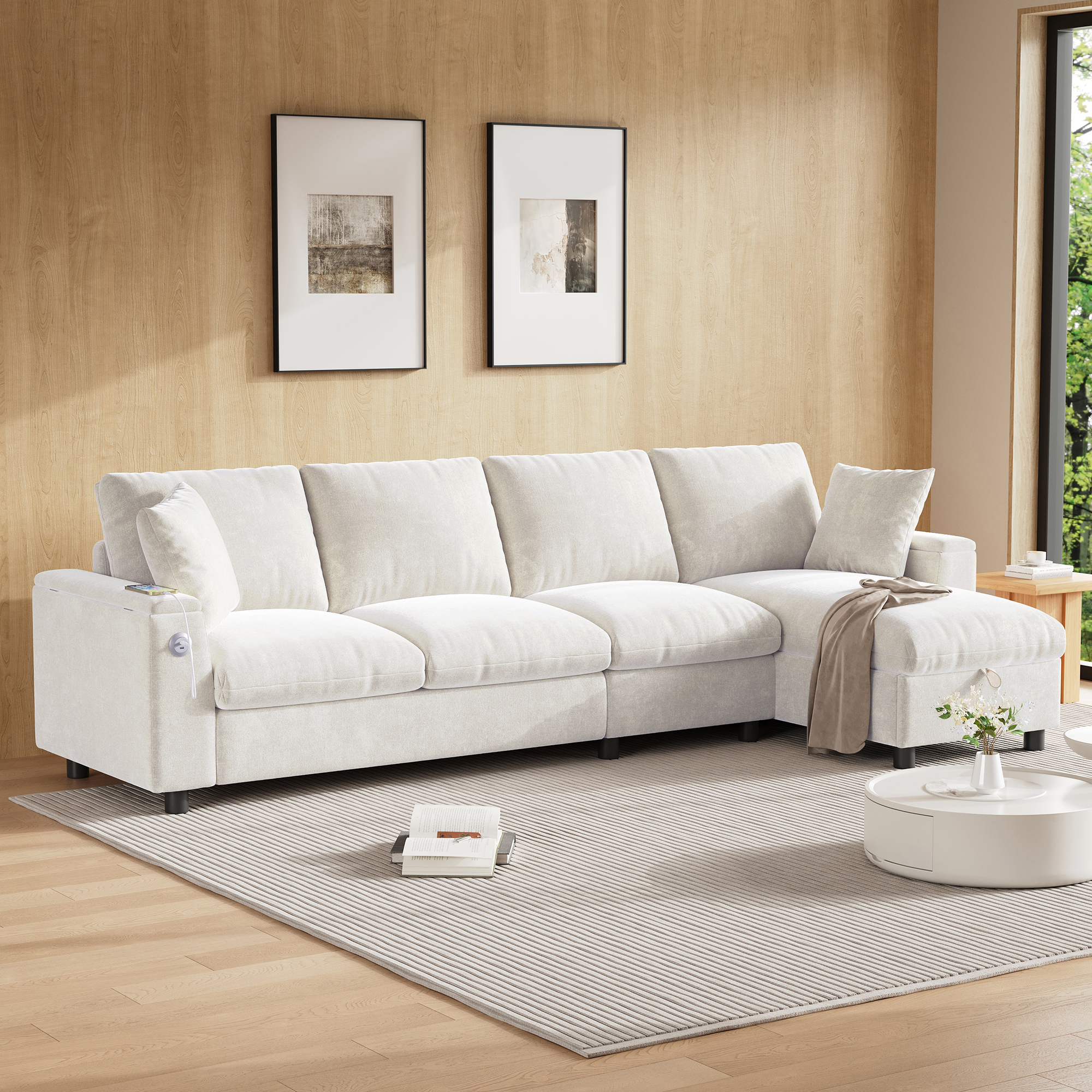 Canapé d'angle convertible en tissu chenille beige, structure métal et bois massif avec coffre