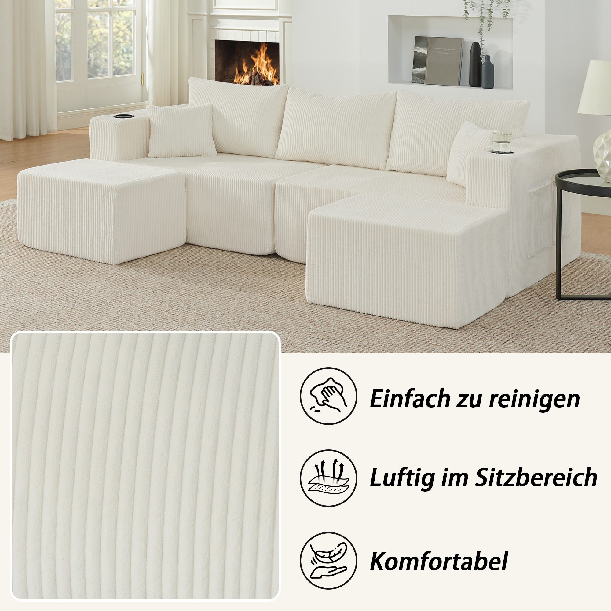 Canapé d'angle modulable 3 places beige en tissu côtelé avec poufs mobiles, porte-gobelets intégrés et poches de rangement latérales