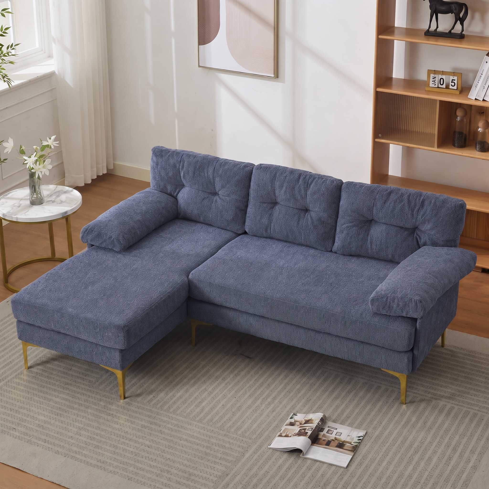 Canapé d'angle 3 places réversible gauche ou droite, accoudoirs rembourrés et pieds métal, tissu chenille bleu