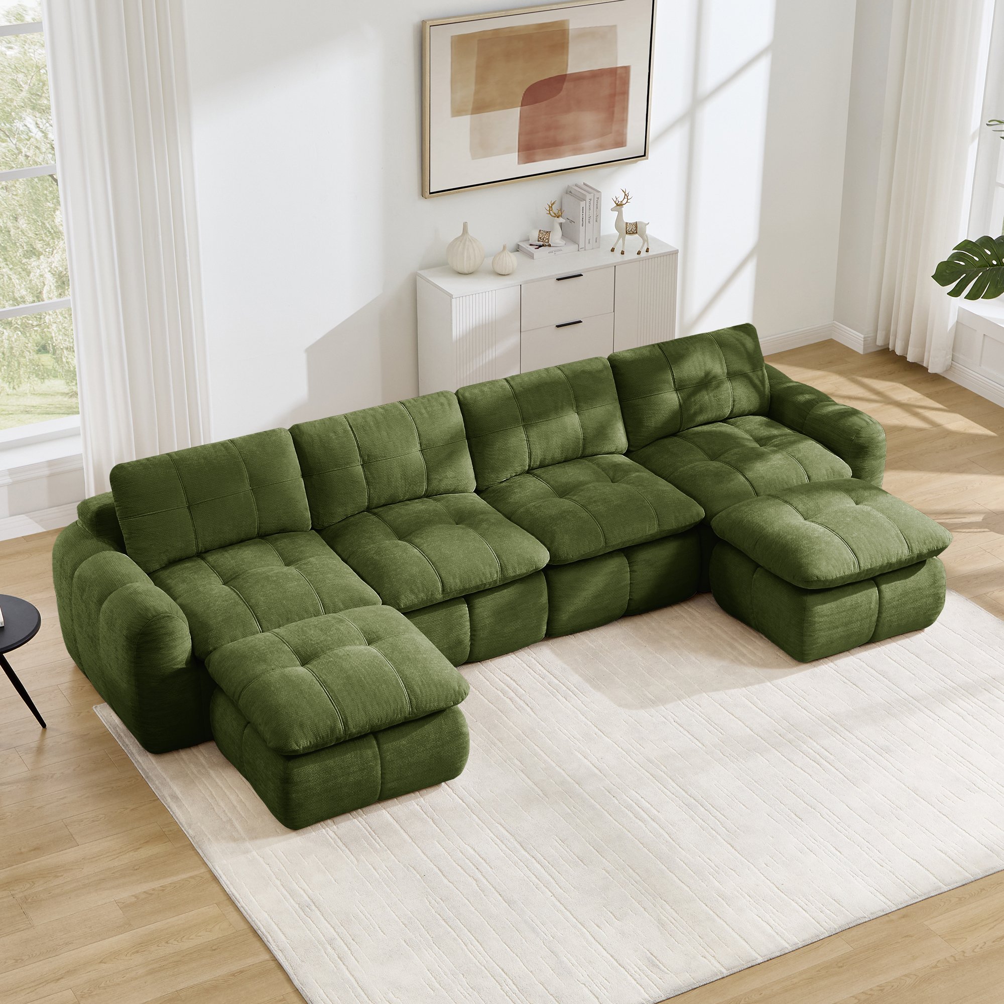 Grand canapé modulable 334x160cm vert, 4 places avec 2 poufs inclus, charge max 1100kg, format profond idéal pour grands salons