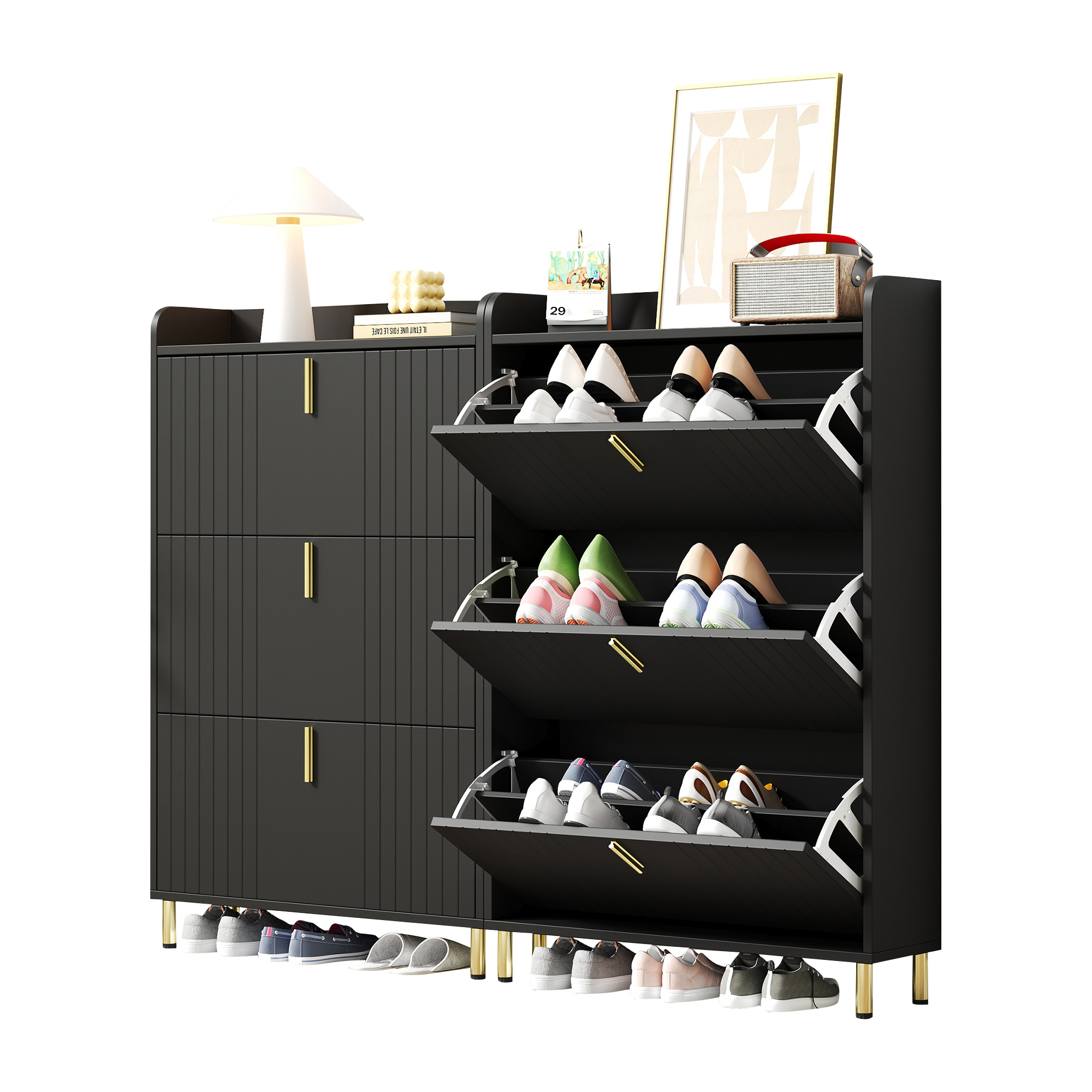 Meuble à chaussures noir mat 80x23x123,5 cm, 3 portes abattantes, rangement 6 niveaux, structure Panneau composite de fibres de bois à densité pour entrée