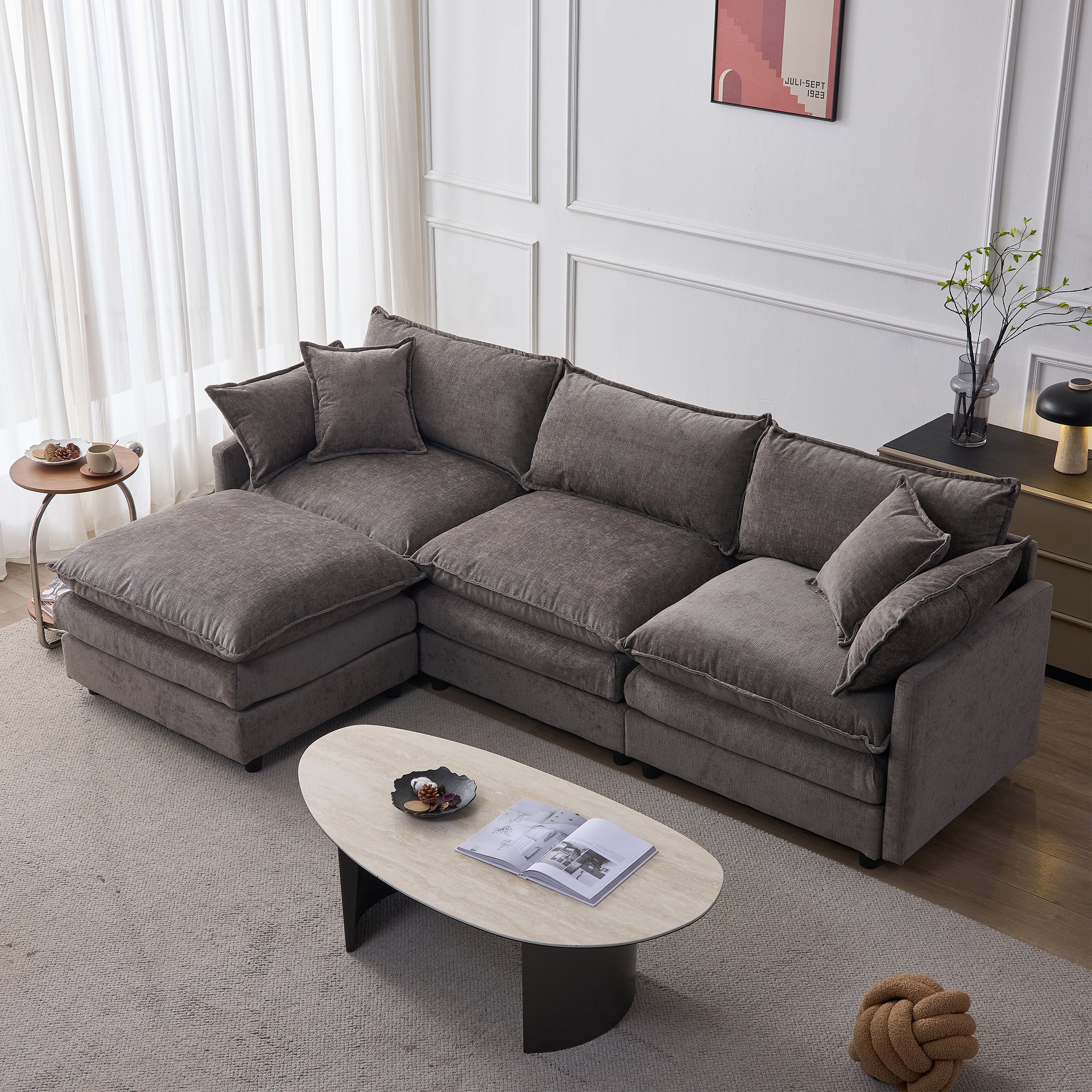 Canapé d'angle 3 places en tissu Chenille gris avec méridienne et pouf mobile pour salon moderne
