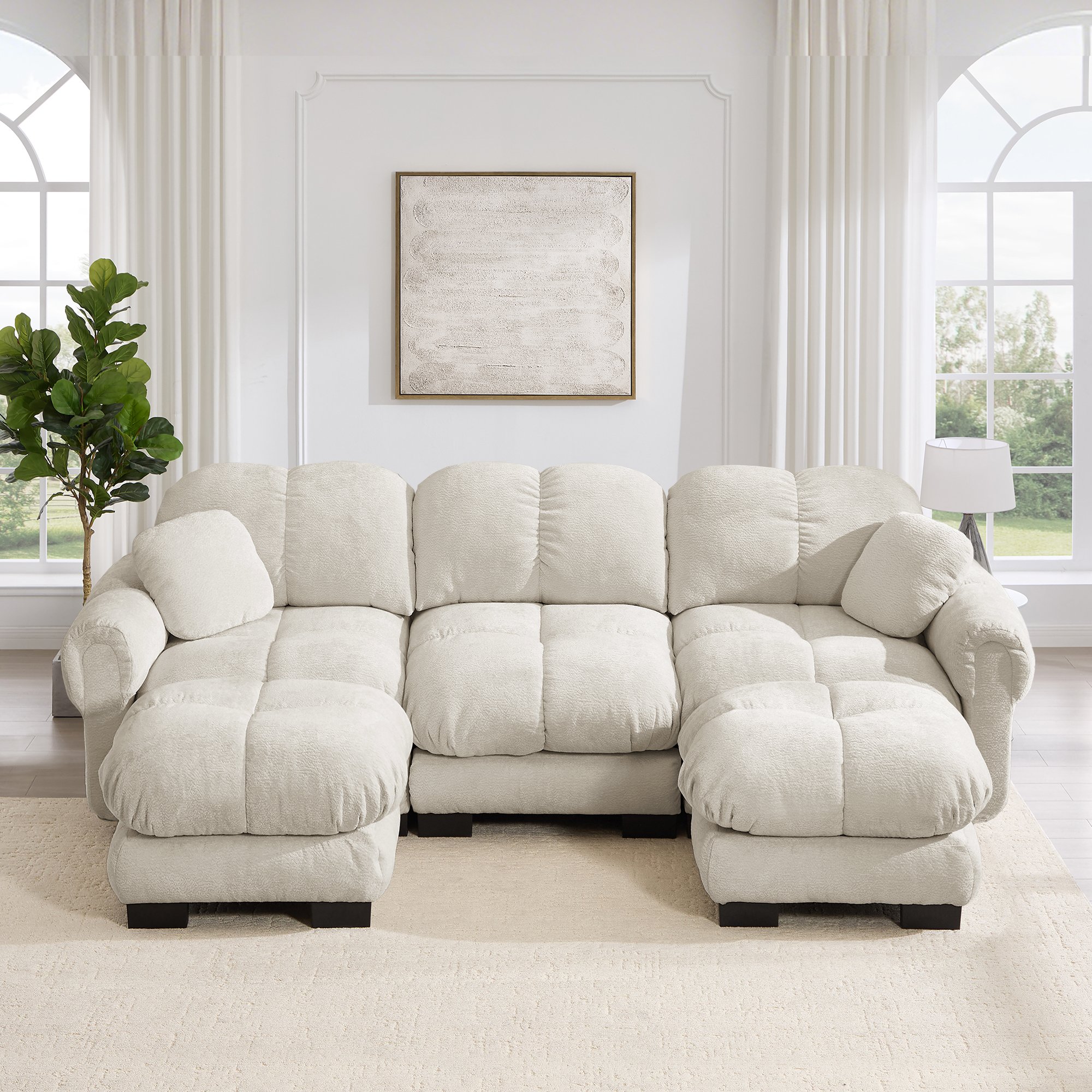 Canapé d'angle 3 places en chenille beige clair, design nuage avec ottoman mobile et coussins décoratifs inclus pour le salon