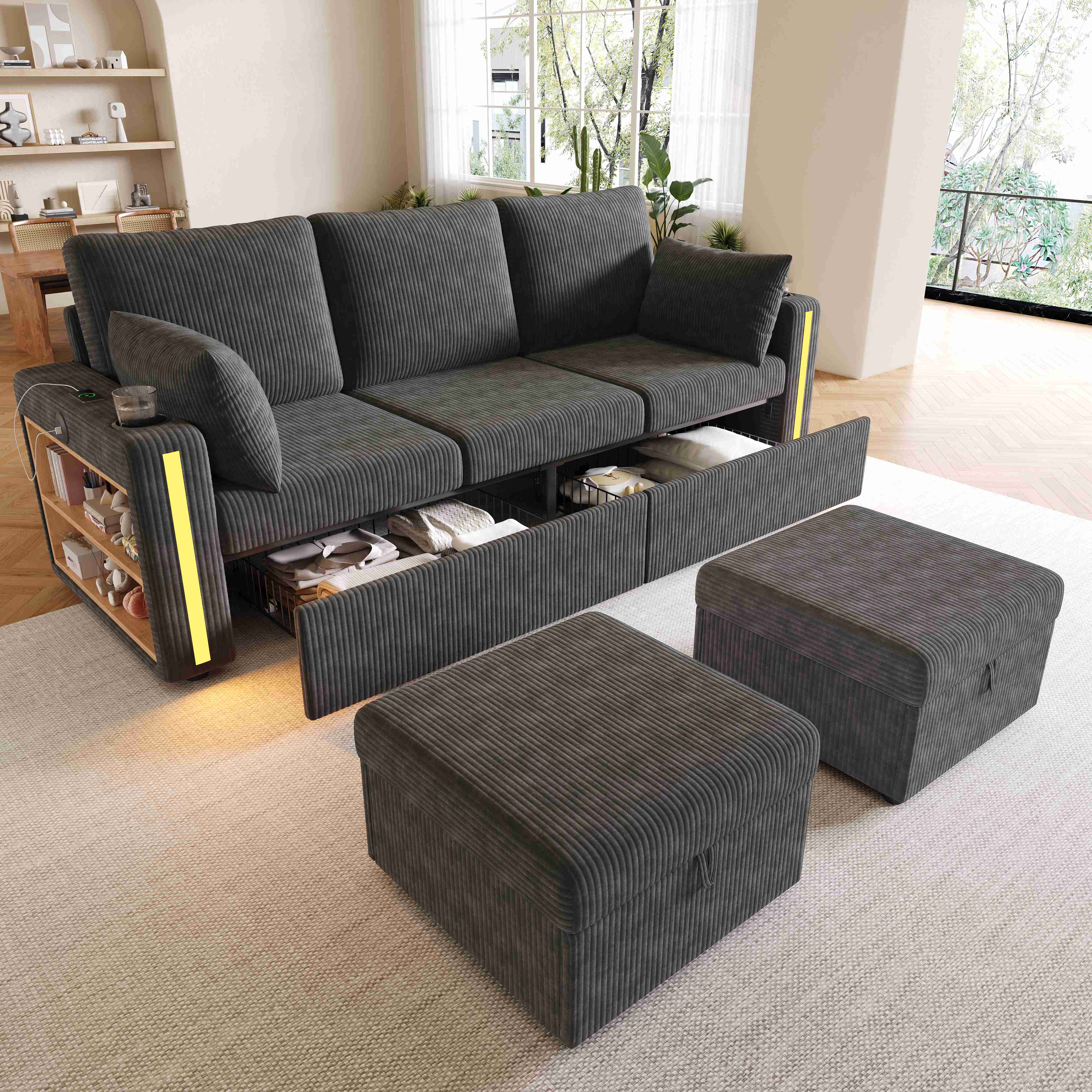 Canapé d'angle modulable gris en velours côtelé, format U ou L, avec LED, ports USB Type-C, tiroirs et poufs de rangement pour 5 personnes