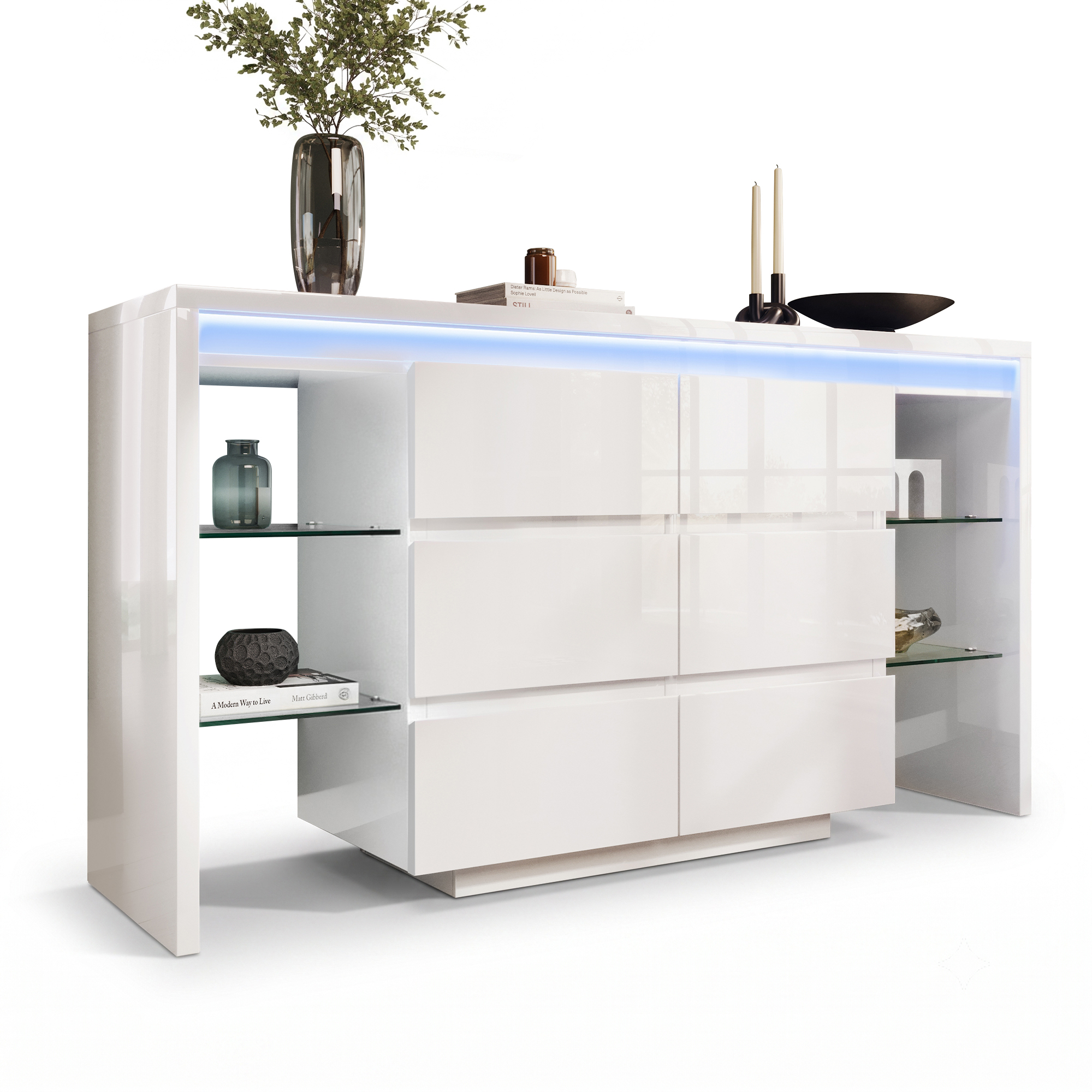 Buffet 155x40x80 cm, Meuble Rangement Large Capacité, 6 Compartiments Tiroirs, 4 Niveaux Verre Transparent
