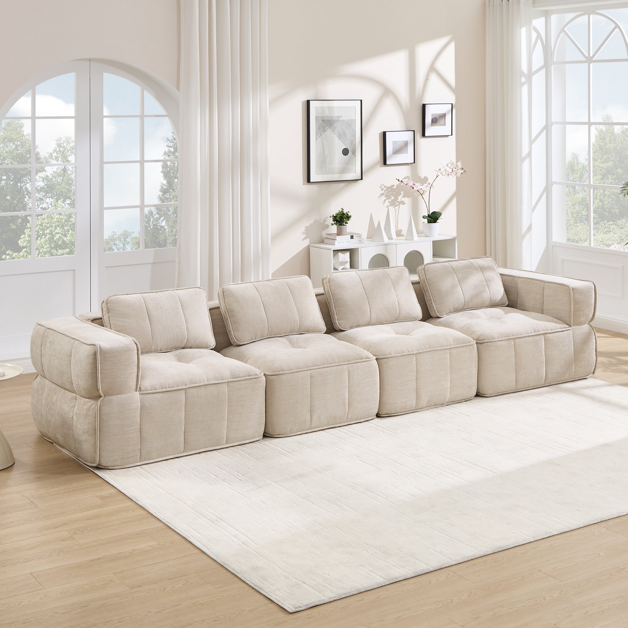 Canapé modulable sans cadre 4 places en mousse haute densité 32D, tissu polyester beige, design nuage pour salon moderne